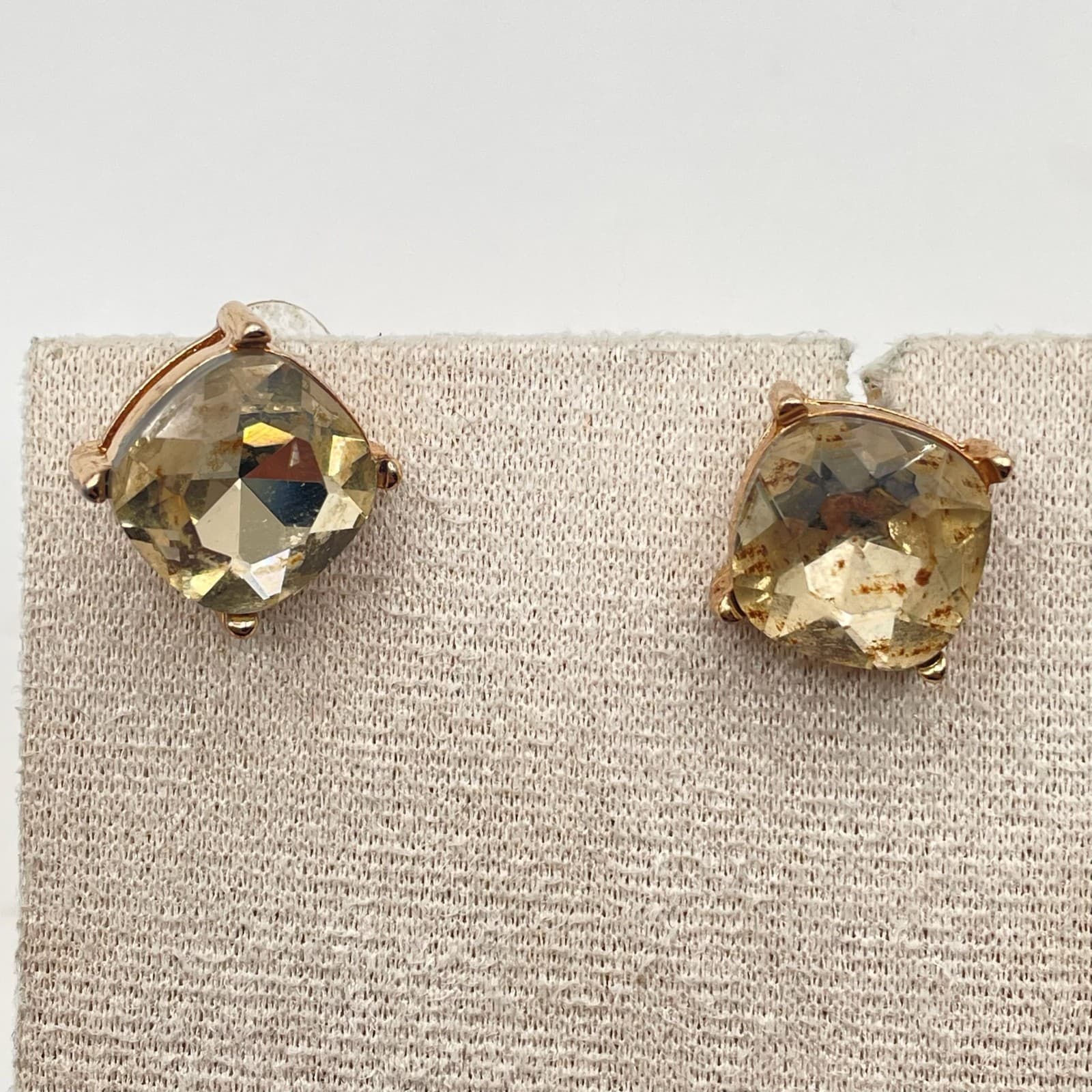 Vintage VTG Rose Gold Tone Stud Earrings Cushion Cut Smoky Quartz Crystal - Image 1