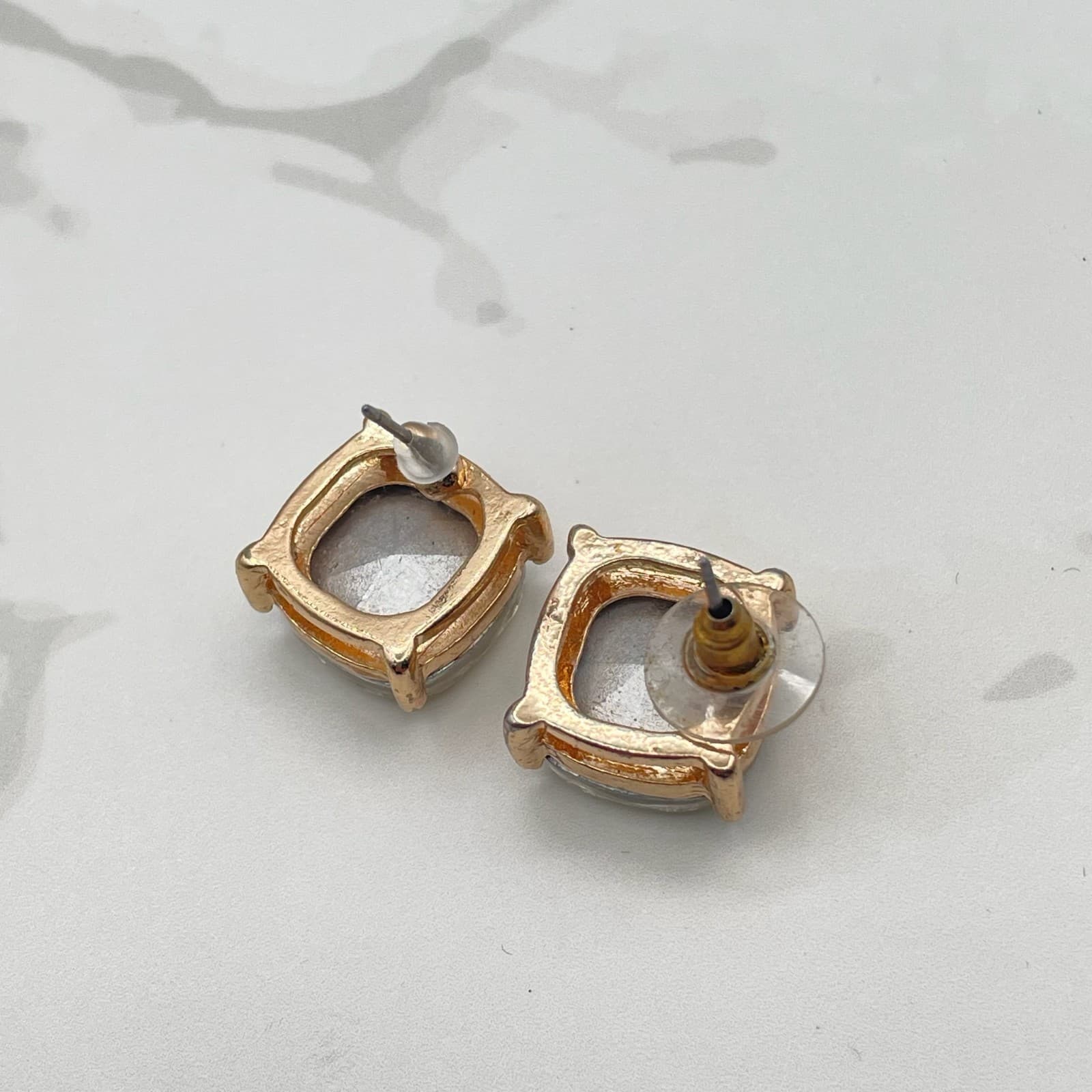 Vintage VTG Rose Gold Tone Stud Earrings Cushion Cut Smoky Quartz Crystal - Thumbnail 6