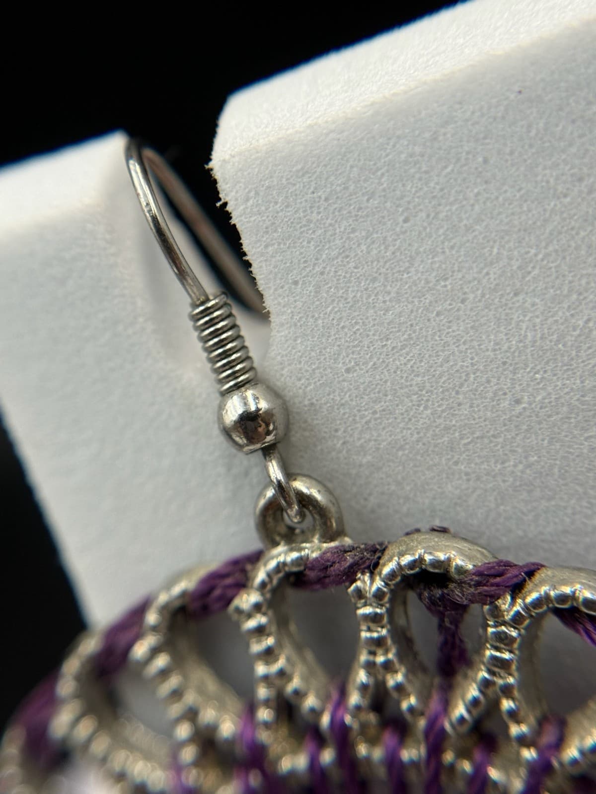 Vintage Silver-Tone Purple Threaded Open Circle Classic Dangle Earrings - Thumbnail 13