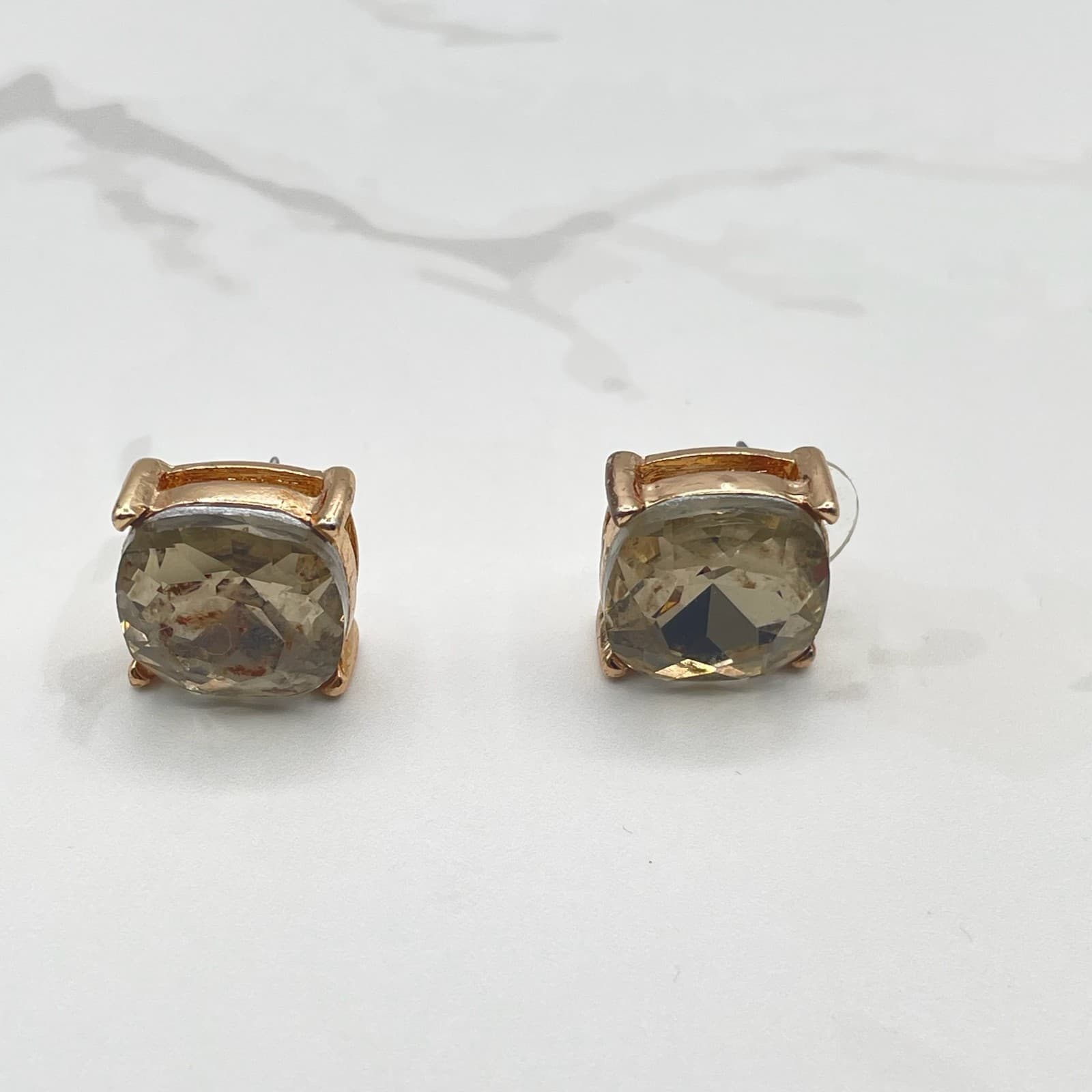 Vintage VTG Rose Gold Tone Stud Earrings Cushion Cut Smoky Quartz Crystal - Thumbnail 3