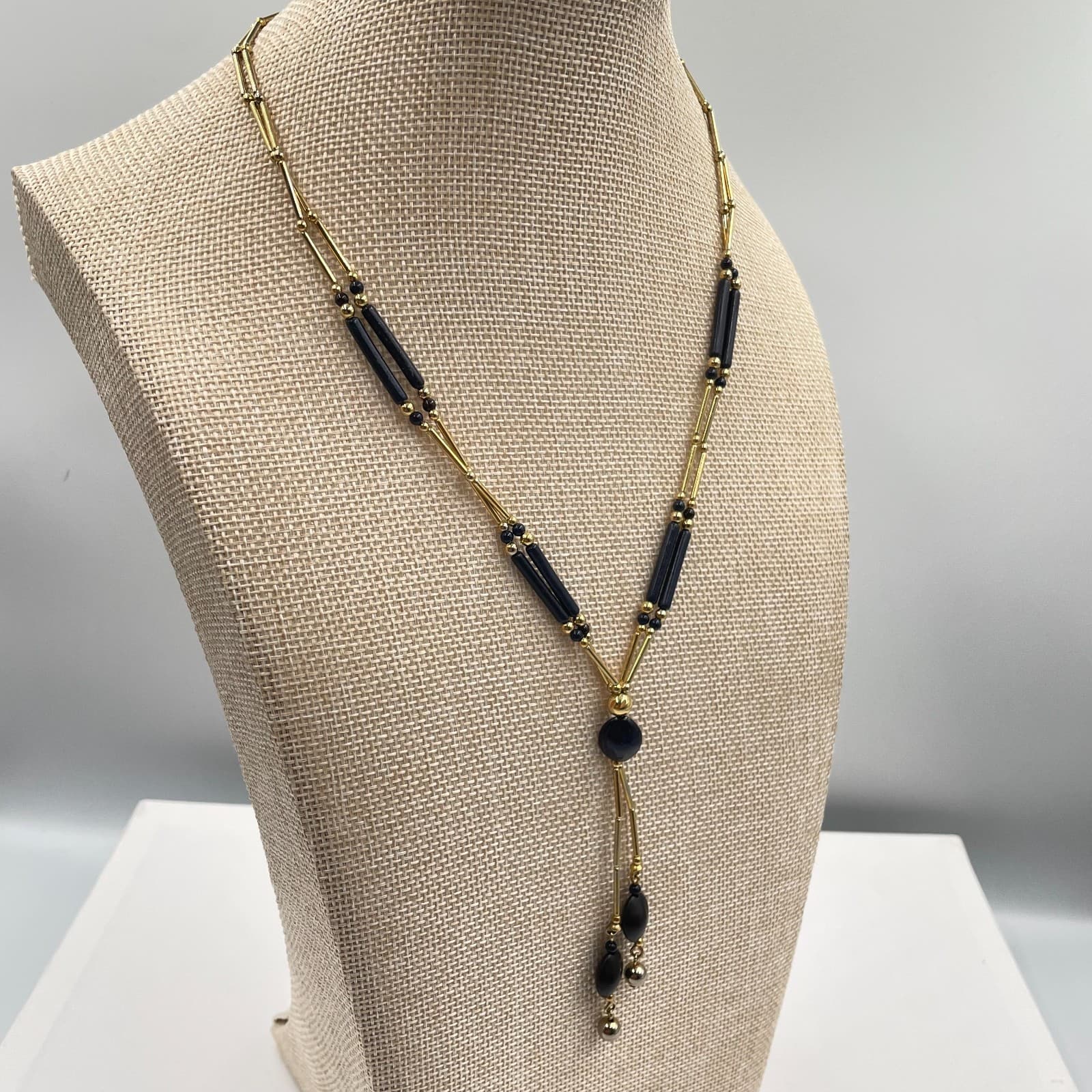 Vintage Black Gold Y Necklace Liquid Gold Tone Tube Bead Dangle Drop 19" Elegant - Thumbnail 6