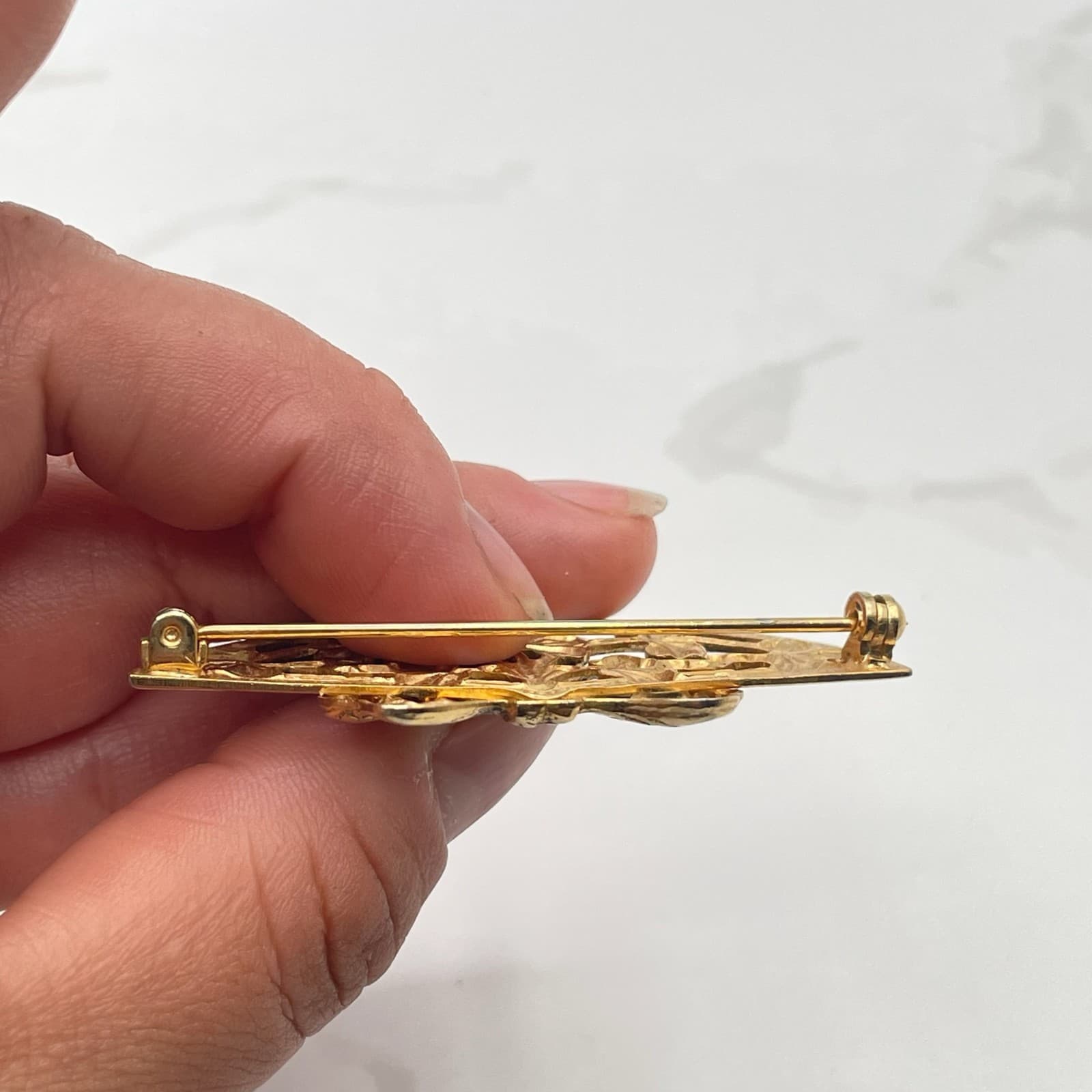 Vintage VTG Gold Tone Brooch Carved Rose Flower Filigree Leaf Pin Floral - Thumbnail 10