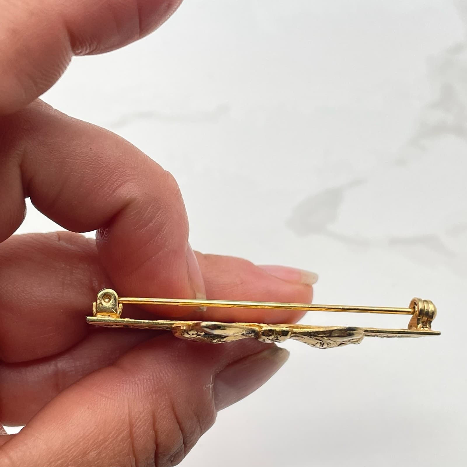 Vintage VTG Gold Tone Brooch Carved Rose Flower Filigree Leaf Pin Floral - Thumbnail 11