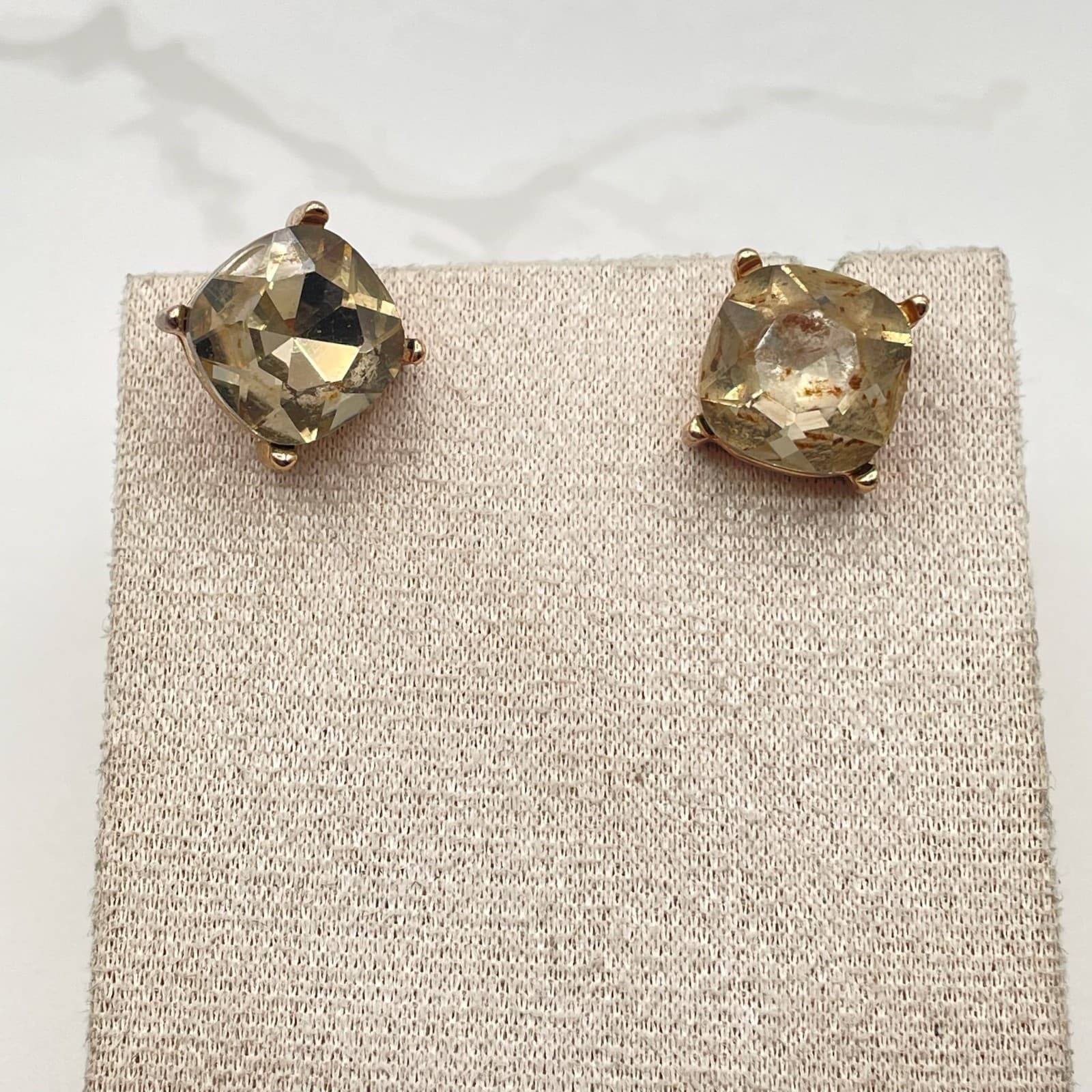Vintage VTG Rose Gold Tone Stud Earrings Cushion Cut Smoky Quartz Crystal - Thumbnail 8