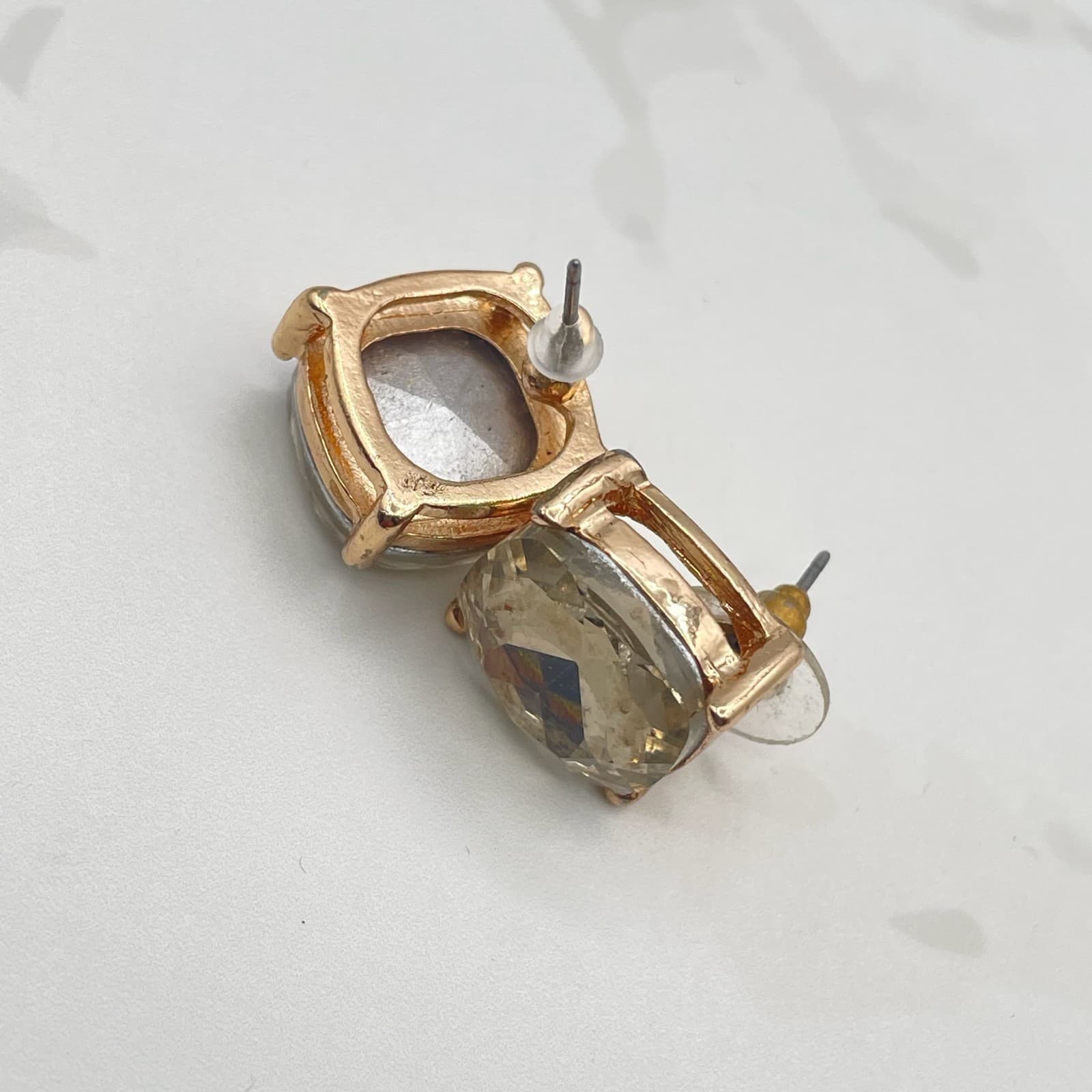 Vintage VTG Rose Gold Tone Stud Earrings Cushion Cut Smoky Quartz Crystal - Thumbnail 5