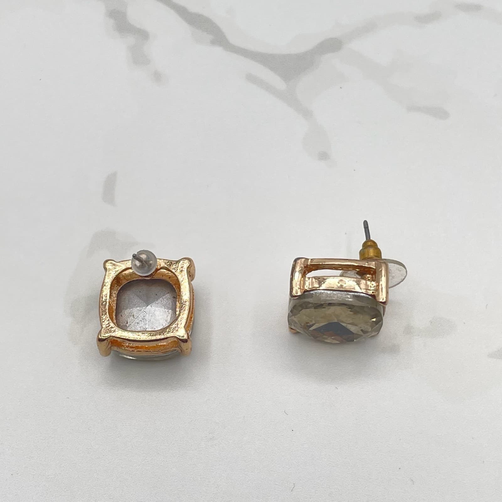 Vintage VTG Rose Gold Tone Stud Earrings Cushion Cut Smoky Quartz Crystal - Thumbnail 4