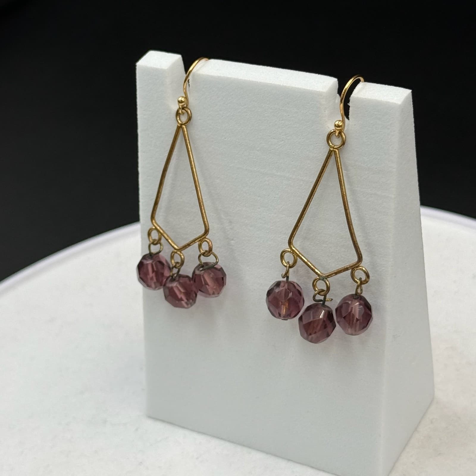 Vintage Womens Purple Bead Glass Triangle-Shaped Dangle Wedding Earrings - Thumbnail 7