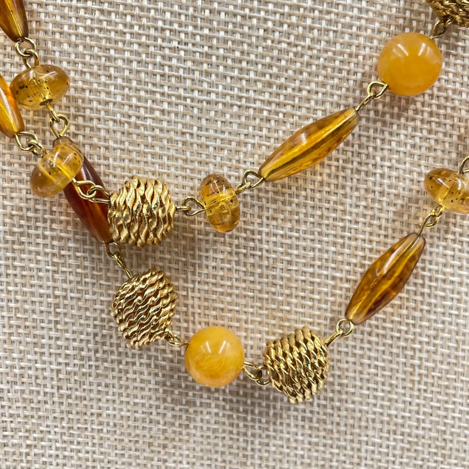 Vintage Amber Tone Bead Necklace Double Strand Gold Textured Metal Statement - Thumbnail 3