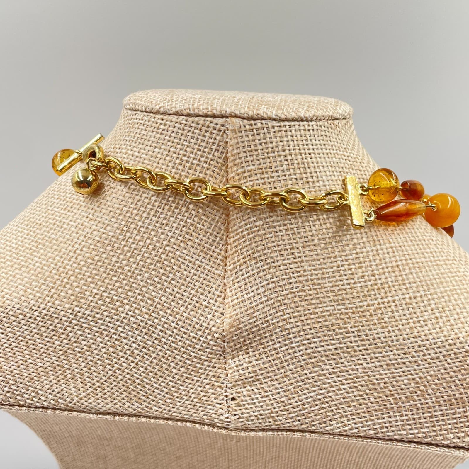 Vintage Amber Tone Bead Necklace Double Strand Gold Textured Metal Statement - Thumbnail 6