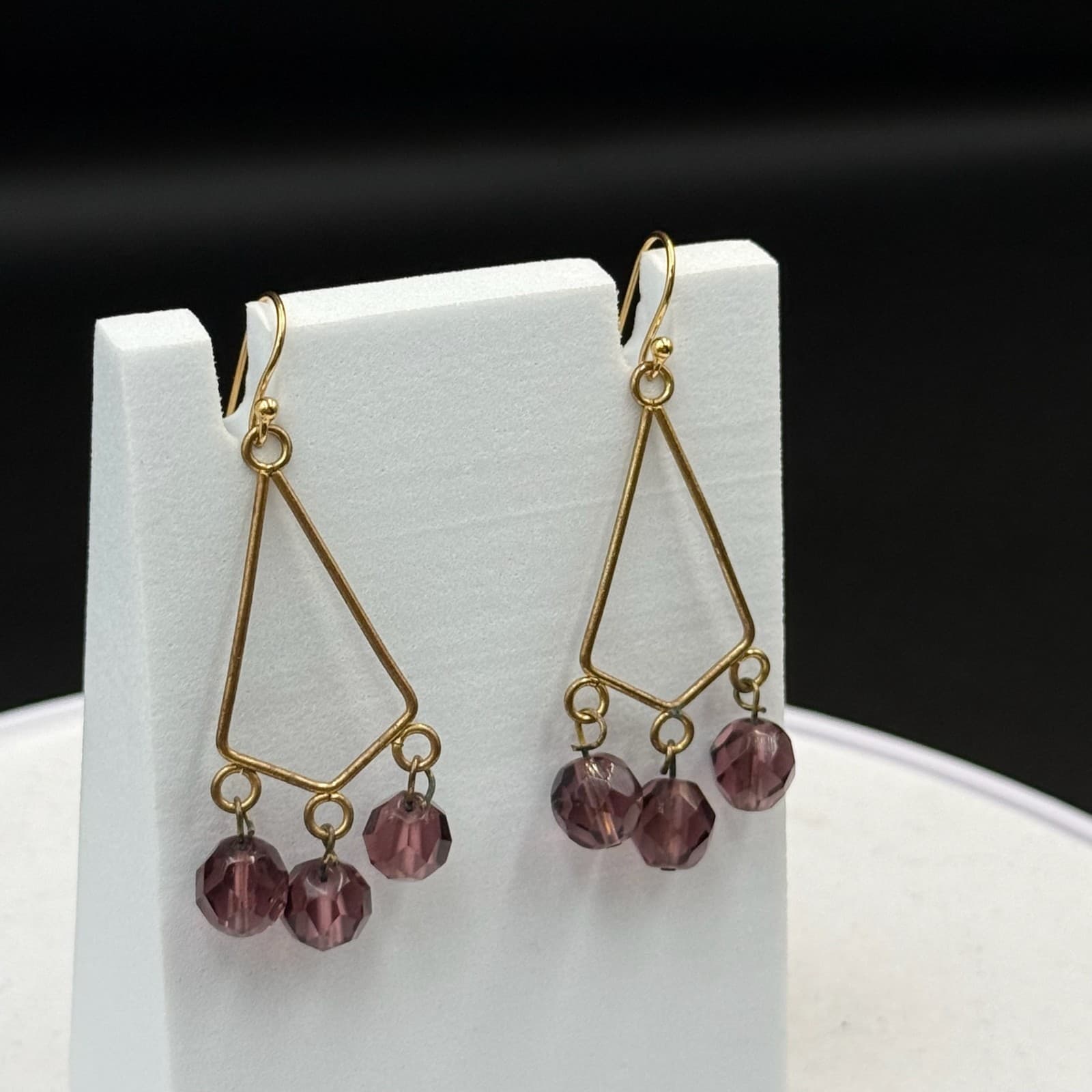 Vintage Womens Purple Bead Glass Triangle-Shaped Dangle Wedding Earrings - Thumbnail 6