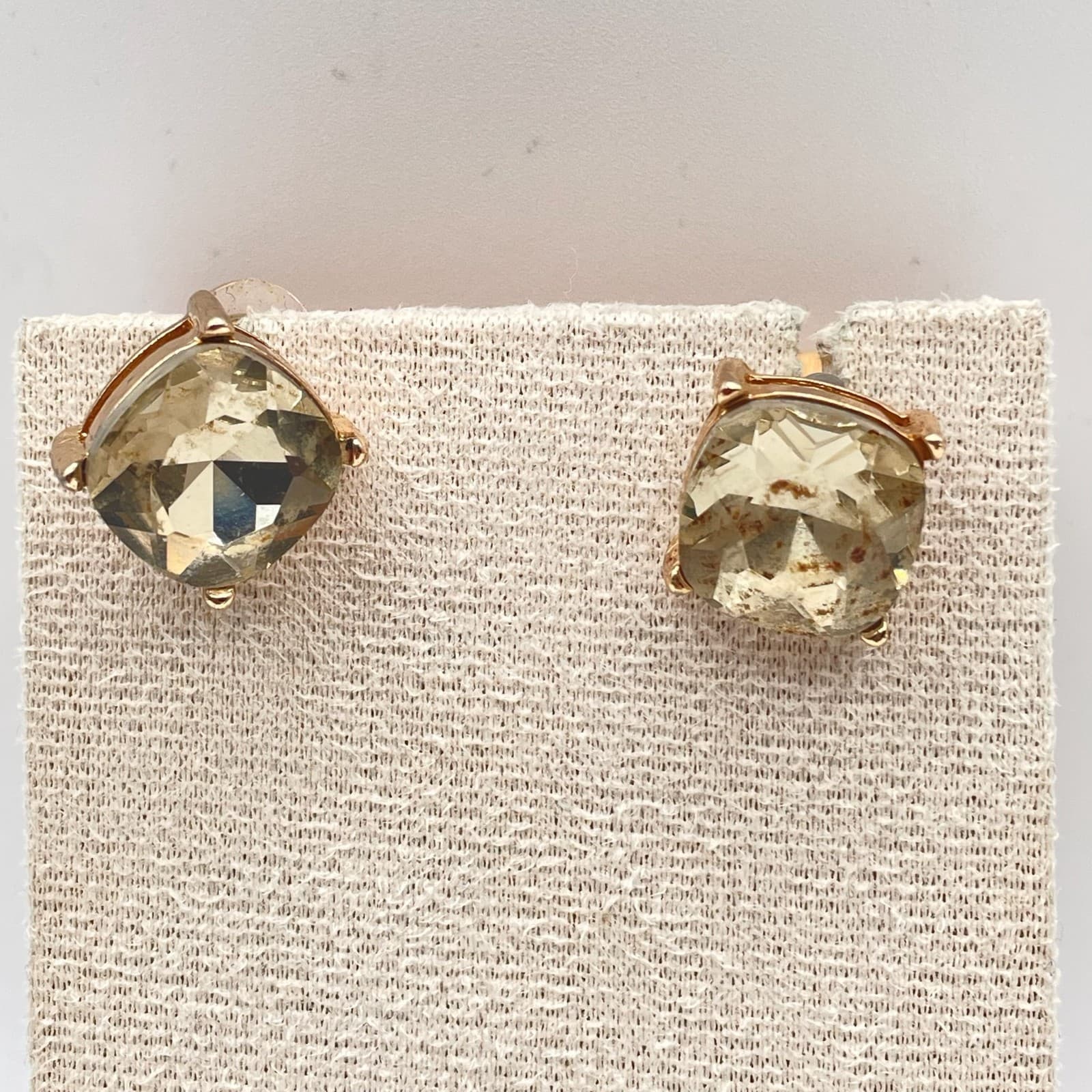 Vintage VTG Rose Gold Tone Stud Earrings Cushion Cut Smoky Quartz Crystal - Thumbnail 10