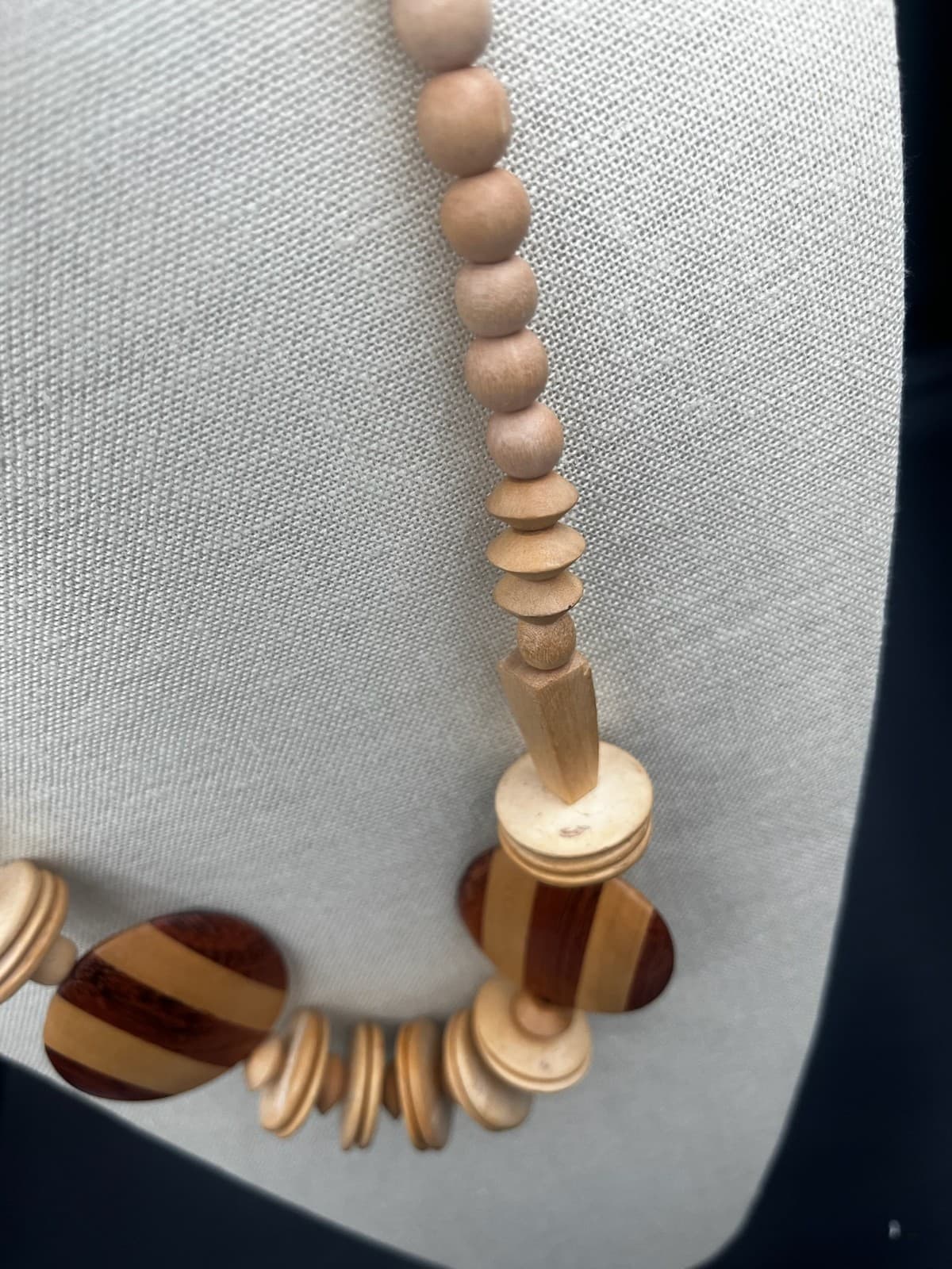 Vintage Chunky Wood Bead Necklace Tribal Ethnic Geometric Inlay Striped Statemen - Thumbnail 4