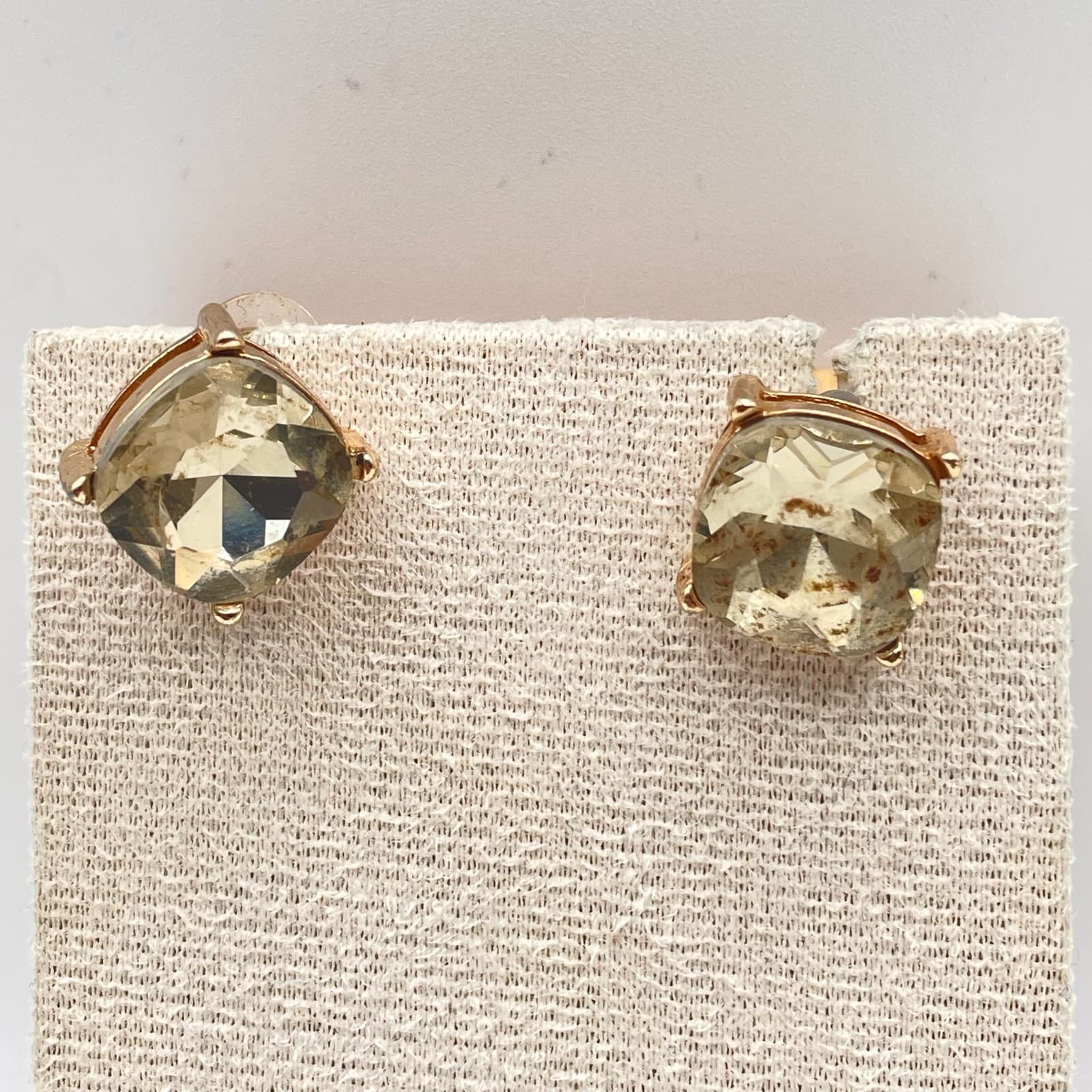 Vintage VTG Rose Gold Tone Stud Earrings Cushion Cut Smoky Quartz Crystal - Thumbnail 11