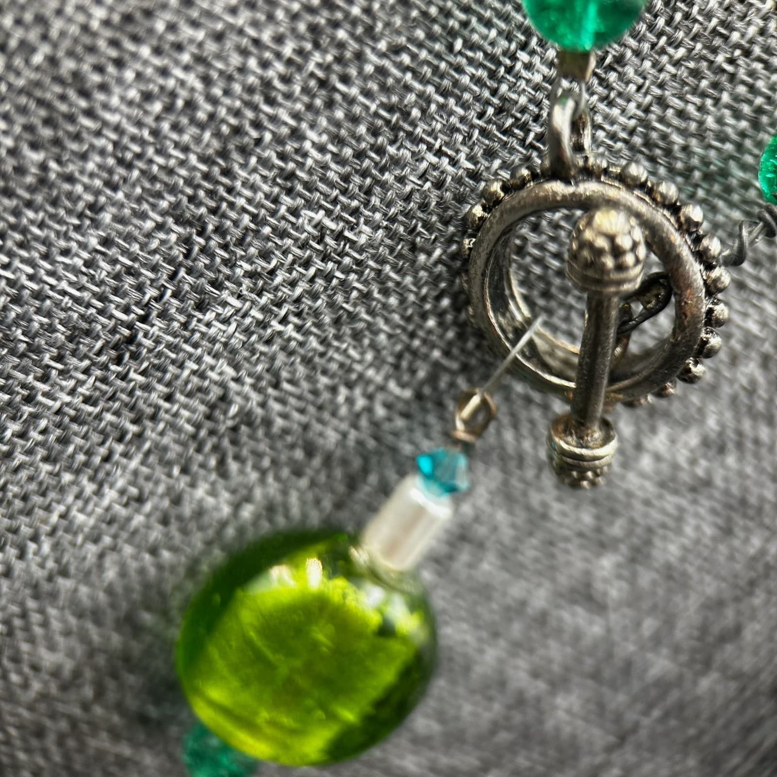 Vintage Beaded Necklace White & Green Beads Religious Medal Pendant 18" - Thumbnail 5