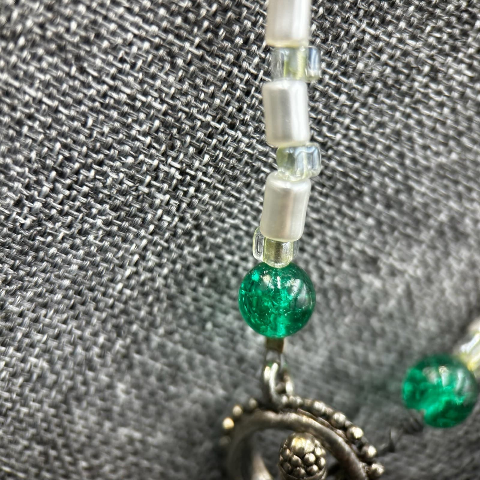 Vintage Beaded Necklace White & Green Beads Religious Medal Pendant 18" - Thumbnail 6