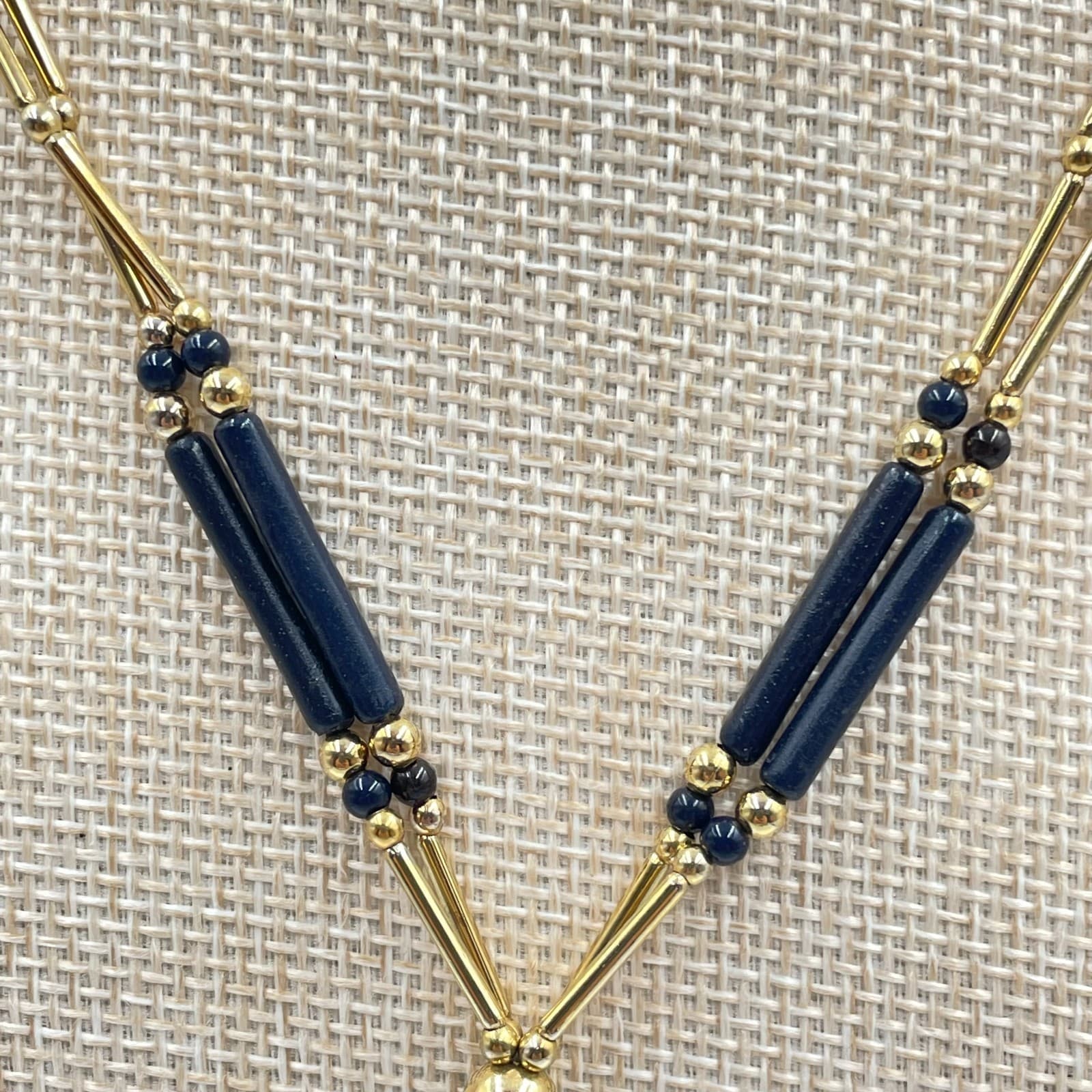Vintage Black Gold Y Necklace Liquid Gold Tone Tube Bead Dangle Drop 19" Elegant - Thumbnail 5