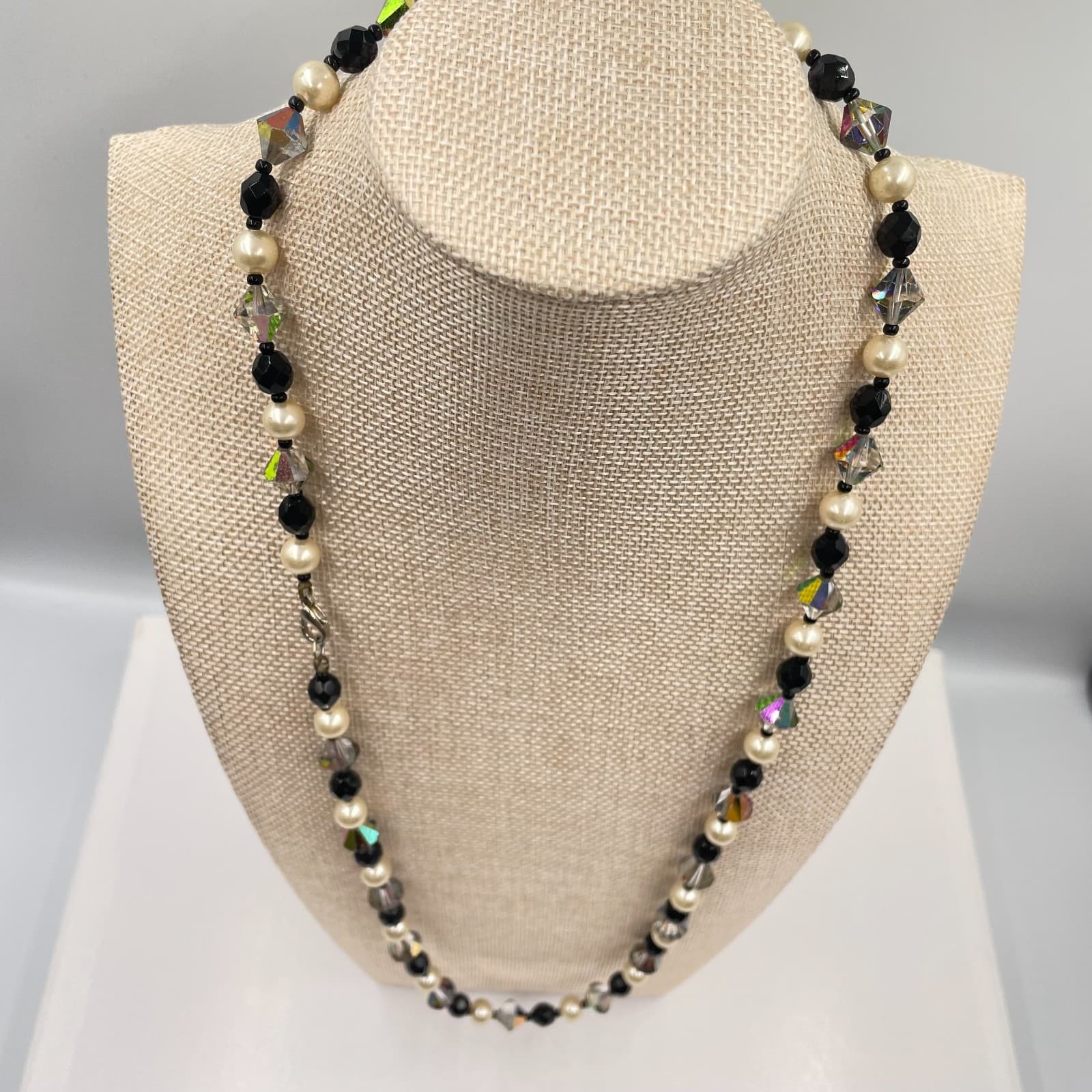 VTG Crystal Pearl Necklace Black Cream Iridescent Bicone Long Beaded - Thumbnail 2