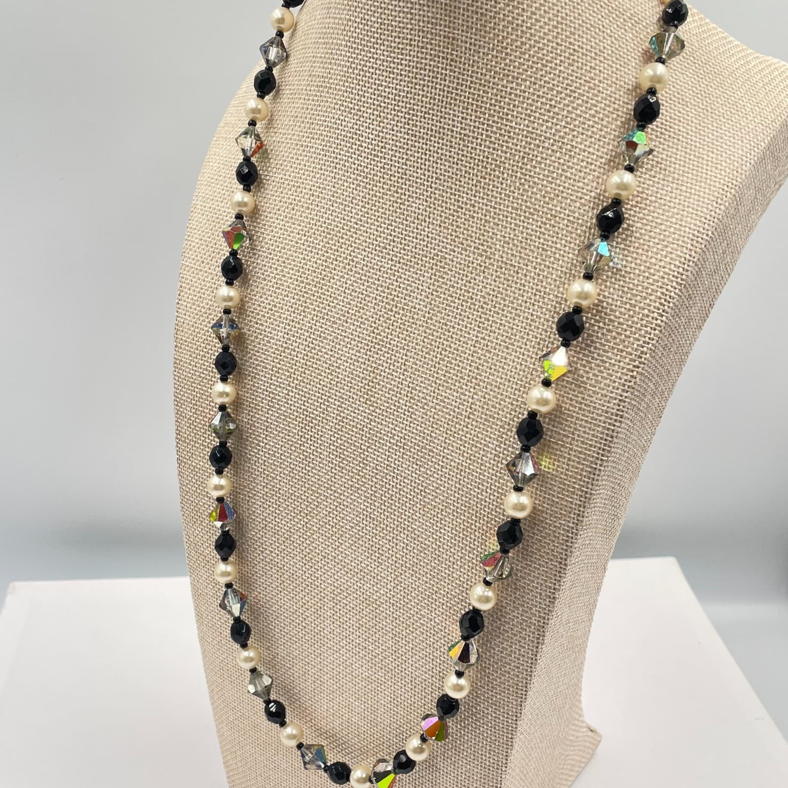 VTG Crystal Pearl Necklace Black Cream Iridescent Bicone Long Beaded - Thumbnail 5