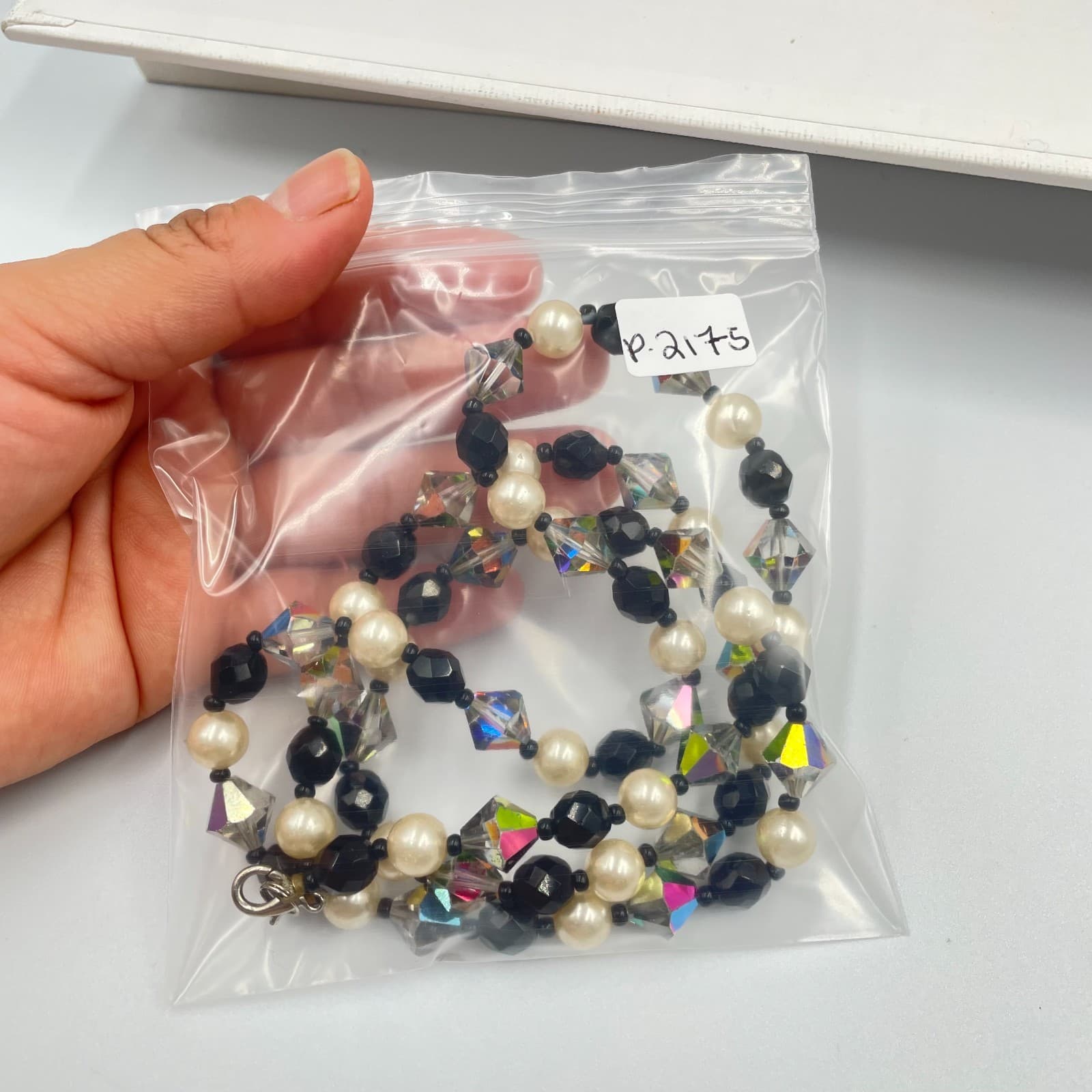 VTG Crystal Pearl Necklace Black Cream Iridescent Bicone Long Beaded - Thumbnail 8