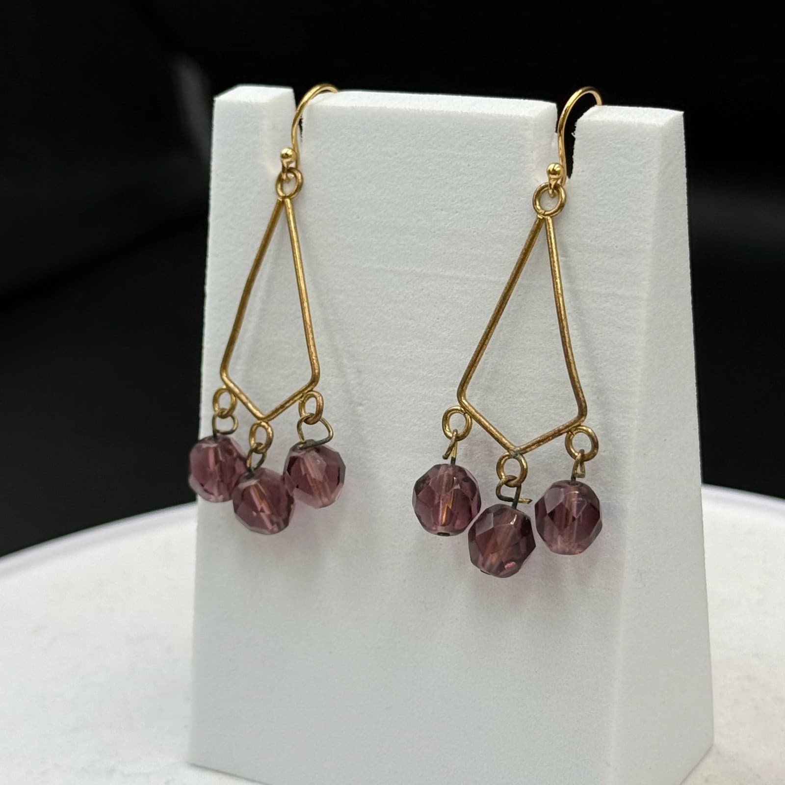 Vintage Womens Purple Bead Glass Triangle-Shaped Dangle Wedding Earrings - Thumbnail 8
