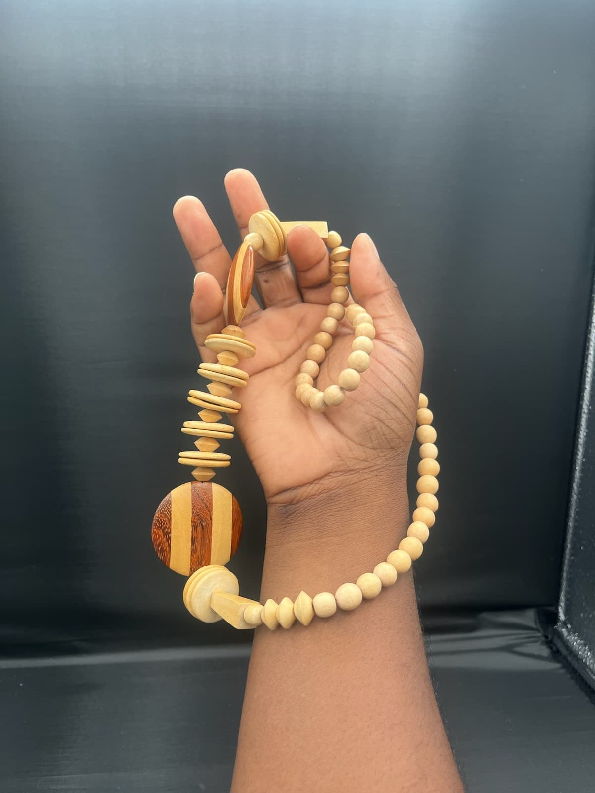 Vintage Chunky Wood Bead Necklace Tribal Ethnic Geometric Inlay Striped Statemen - Thumbnail 8