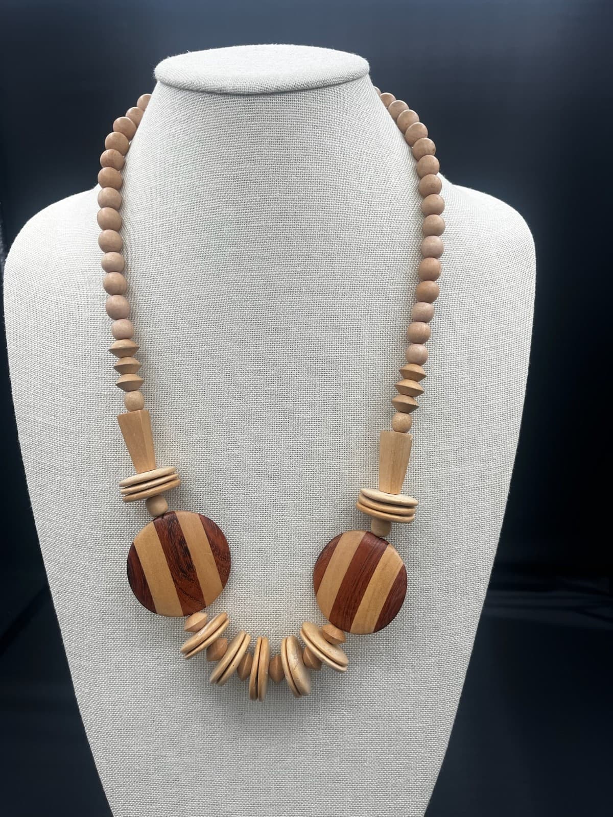 Vintage Chunky Wood Bead Necklace Tribal Ethnic Geometric Inlay Striped Statemen - Thumbnail 2