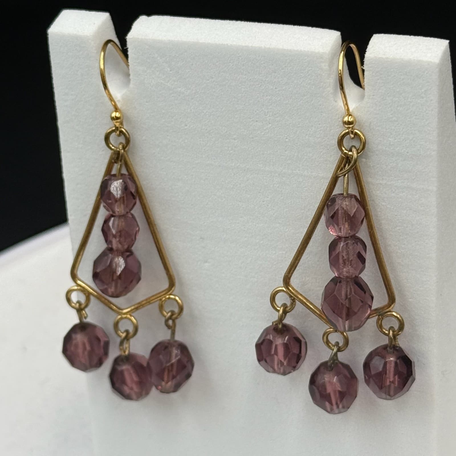 Vintage Womens Gold Plated Purple Bead Glass Triangle-Shaped Dangle Earrings - Thumbnail 10