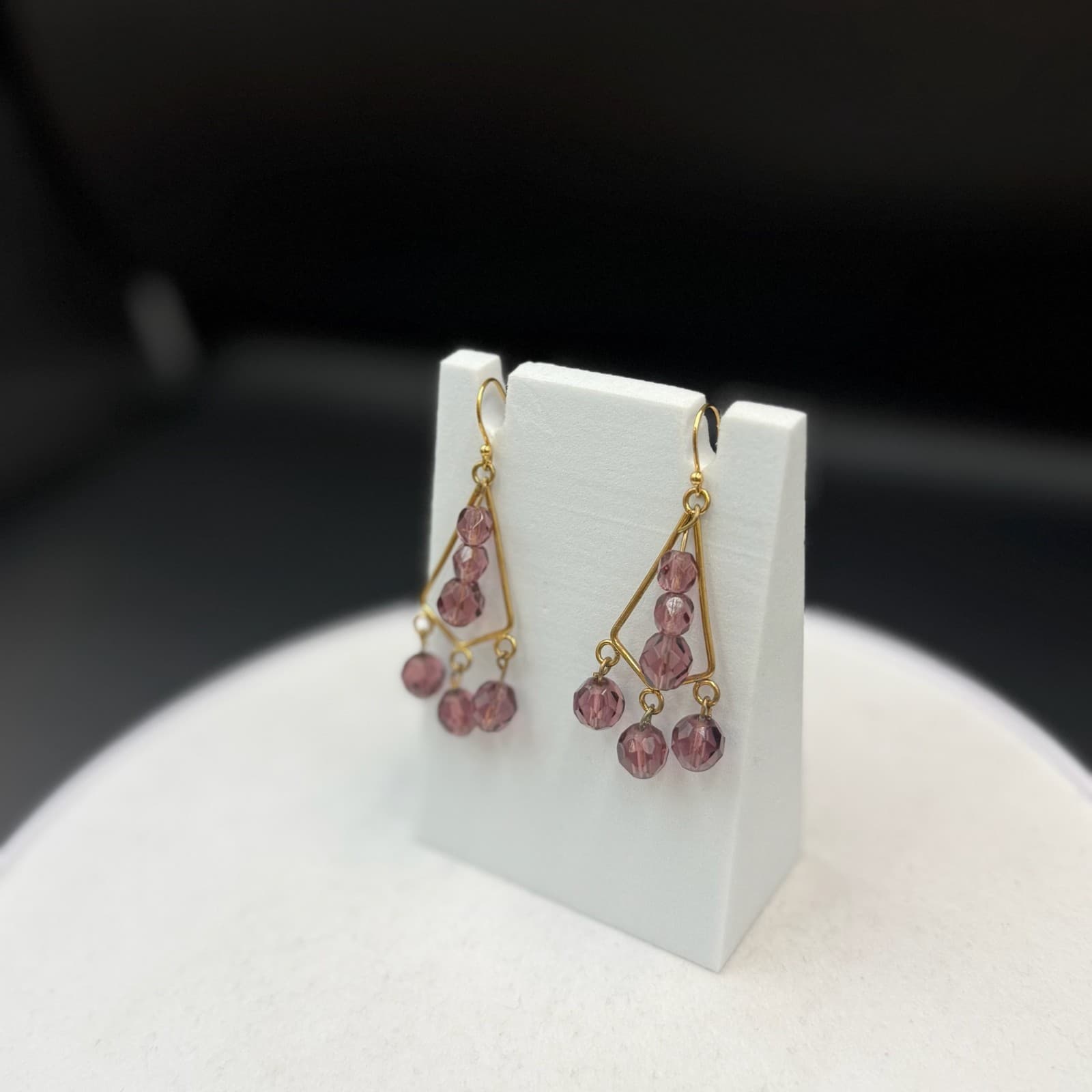 Vintage Womens Gold Plated Purple Bead Glass Triangle-Shaped Dangle Earrings - Thumbnail 5