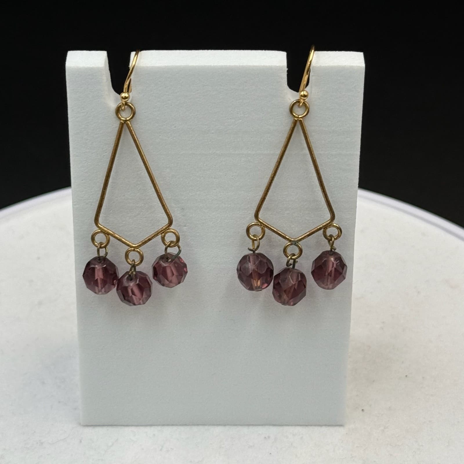 Vintage Womens Purple Bead Glass Triangle-Shaped Dangle Wedding Earrings - Thumbnail 10