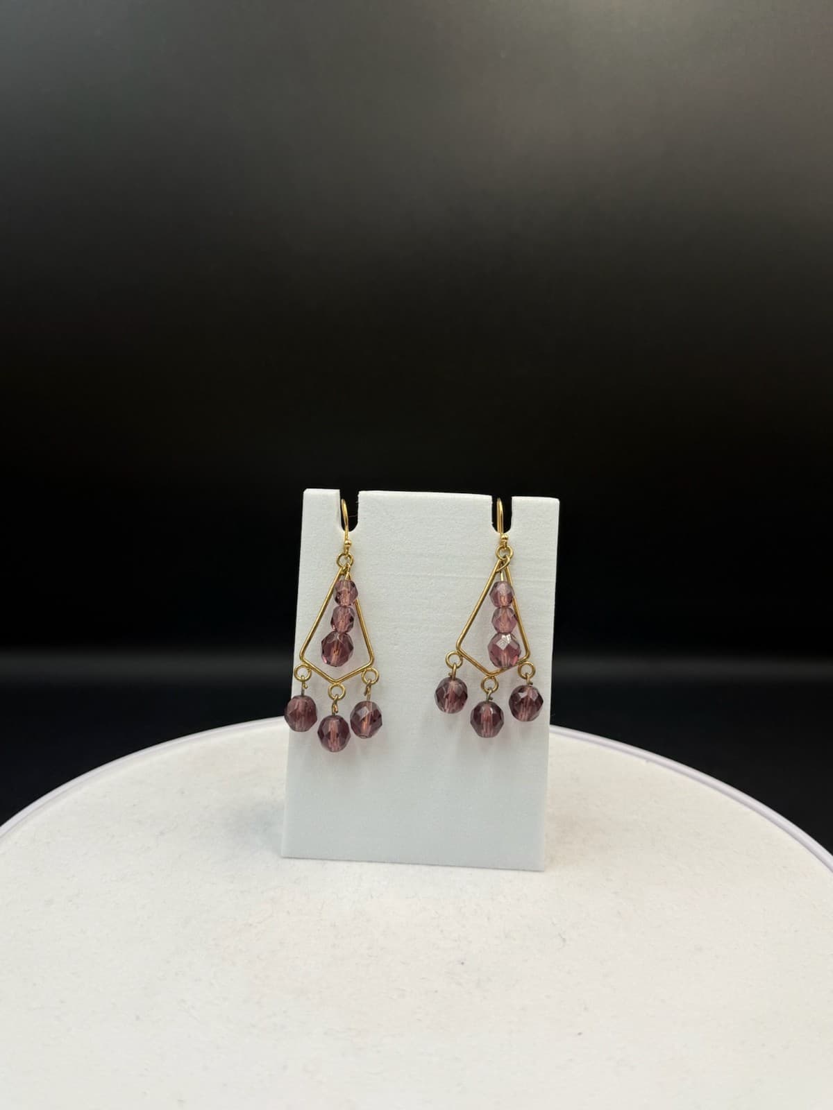 Vintage Womens Gold Plated Purple Bead Glass Triangle-Shaped Dangle Earrings - Thumbnail 2