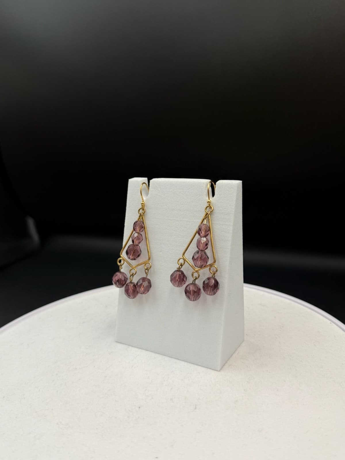 Vintage Womens Gold Plated Purple Bead Glass Triangle-Shaped Dangle Earrings - Thumbnail 4