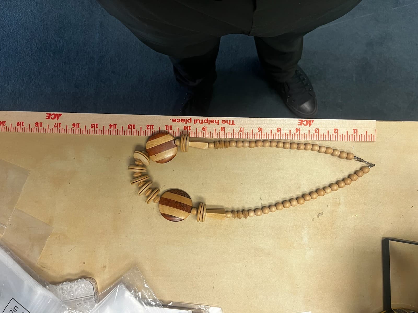 Vintage Chunky Wood Bead Necklace Tribal Ethnic Geometric Inlay Striped Statemen - Thumbnail 9