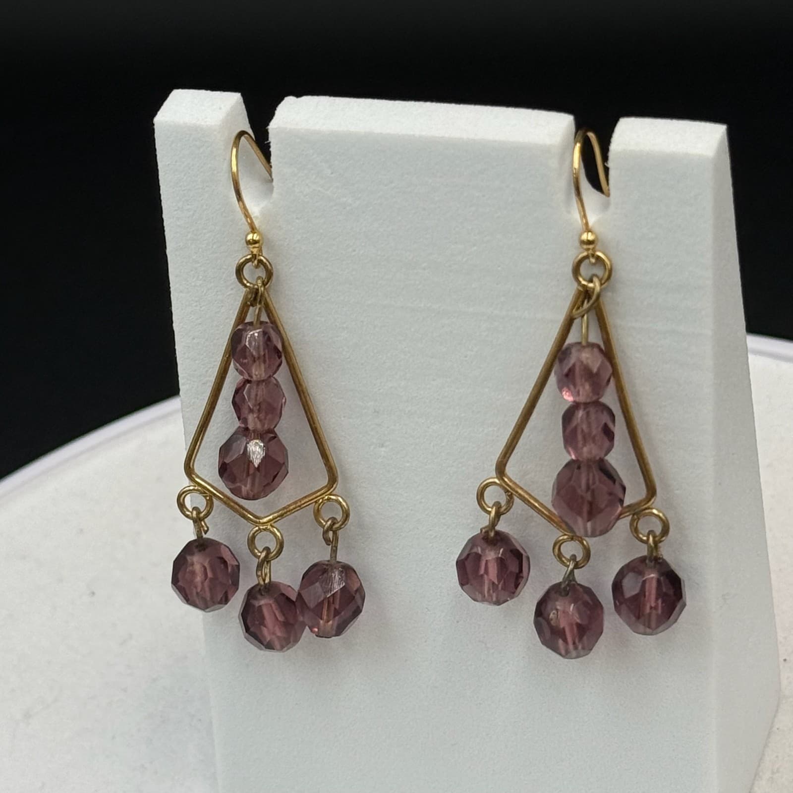 Vintage Womens Gold Plated Purple Bead Glass Triangle-Shaped Dangle Earrings - Thumbnail 11