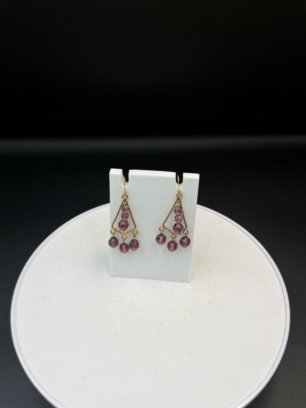 Vintage Womens Gold Plated Purple Bead Glass Triangle-Shaped Dangle Earrings - Thumbnail 9