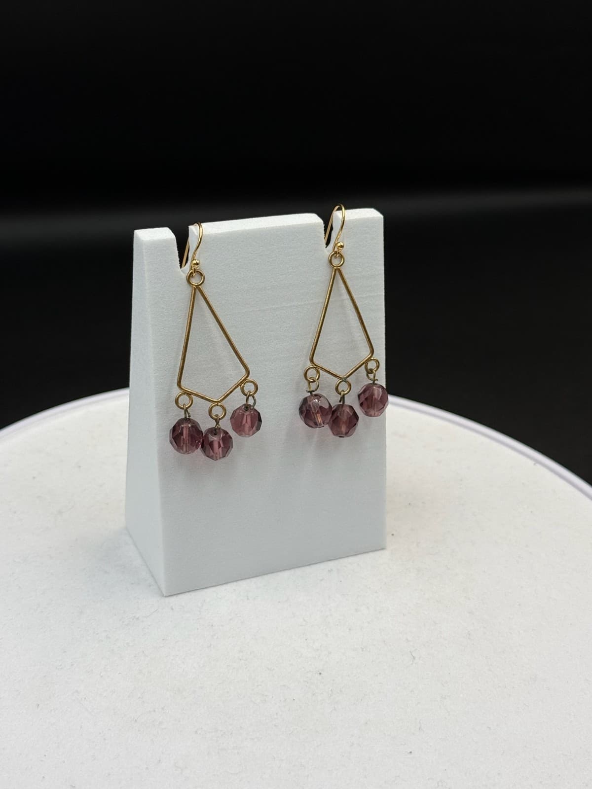 Vintage Womens Purple Bead Glass Triangle-Shaped Dangle Wedding Earrings - Thumbnail 4