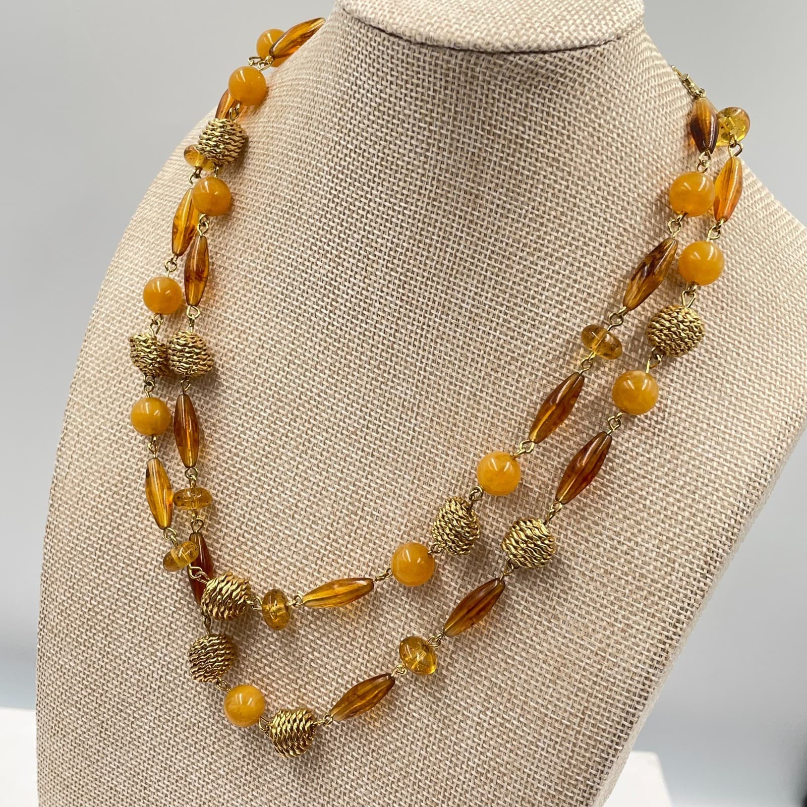 Vintage Amber Tone Bead Necklace Double Strand Gold Textured Metal Statement - Thumbnail 5