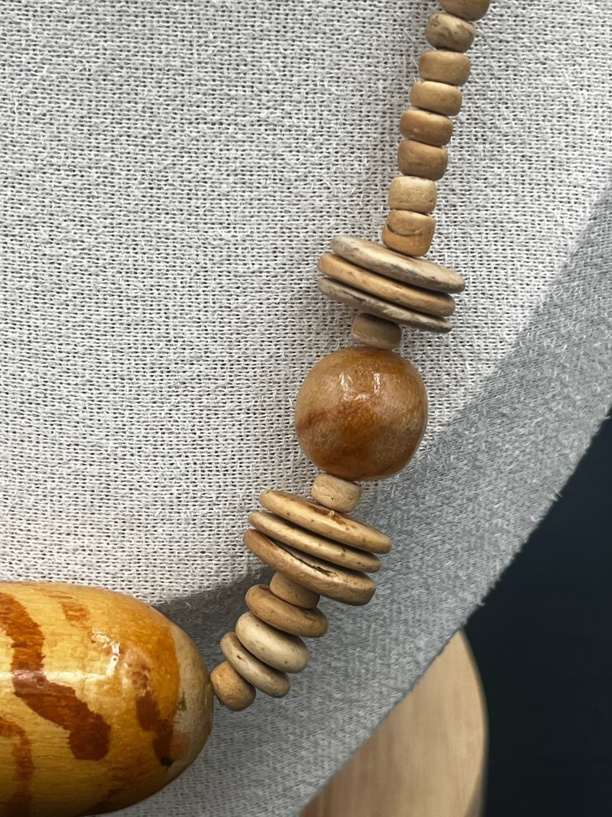 Vintage Chunky Light Wood Bead Statement Necklace Boho Natural Artisan Style - Thumbnail 4