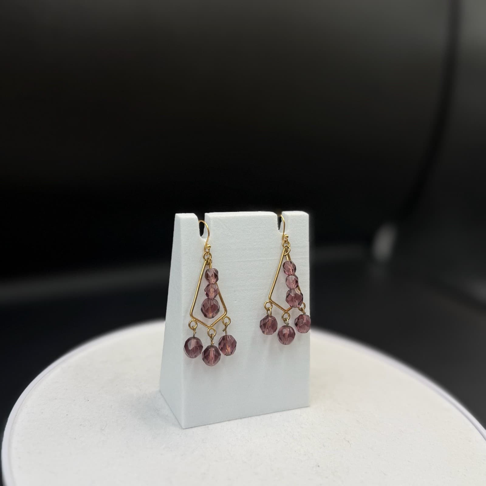 Vintage Womens Gold Plated Purple Bead Glass Triangle-Shaped Dangle Earrings - Thumbnail 8