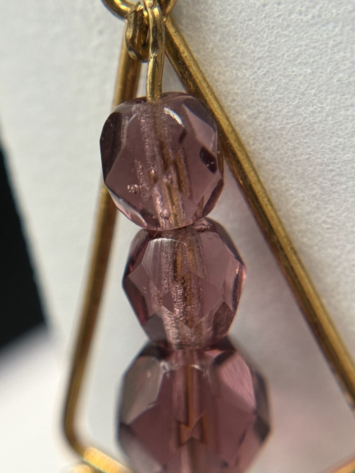 Vintage Womens Gold Plated Purple Bead Glass Triangle-Shaped Dangle Earrings - Thumbnail 3