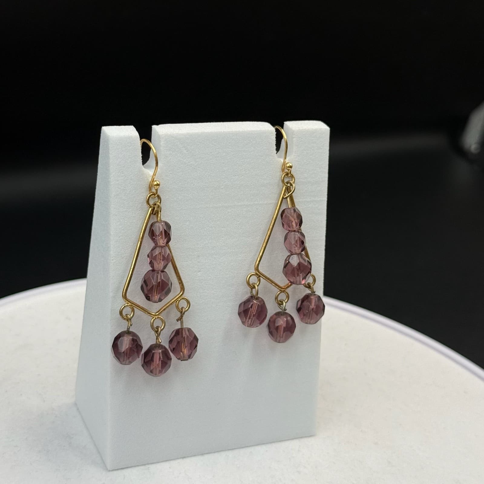 Vintage Womens Gold Plated Purple Bead Glass Triangle-Shaped Dangle Earrings - Thumbnail 7
