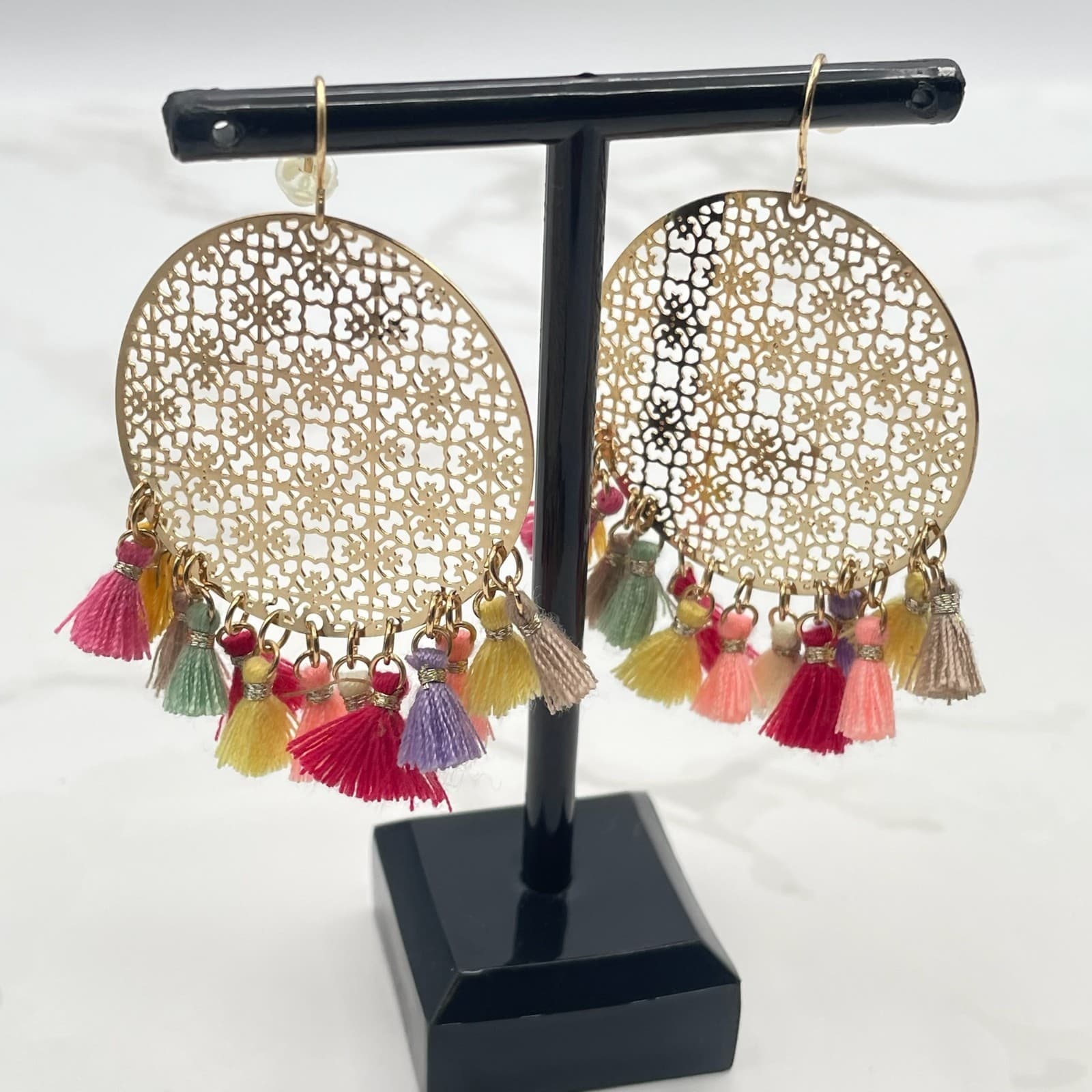 Vintage VTG Gold Tone Filigree Dangle Earrings Boho Multicolor Tassel Fringe - Thumbnail 9