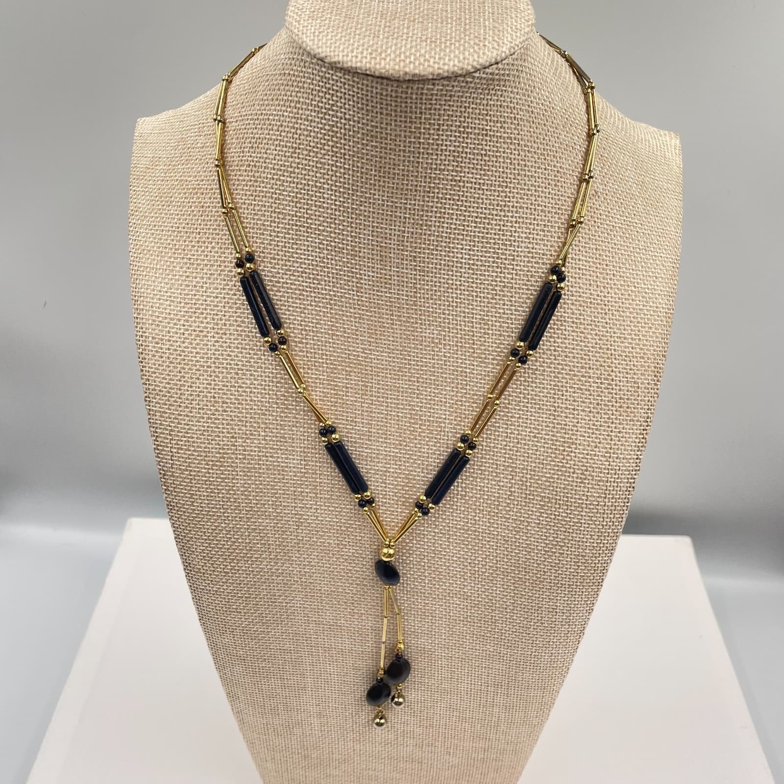 Vintage Black Gold Y Necklace Liquid Gold Tone Tube Bead Dangle Drop 19" Elegant - Image 1