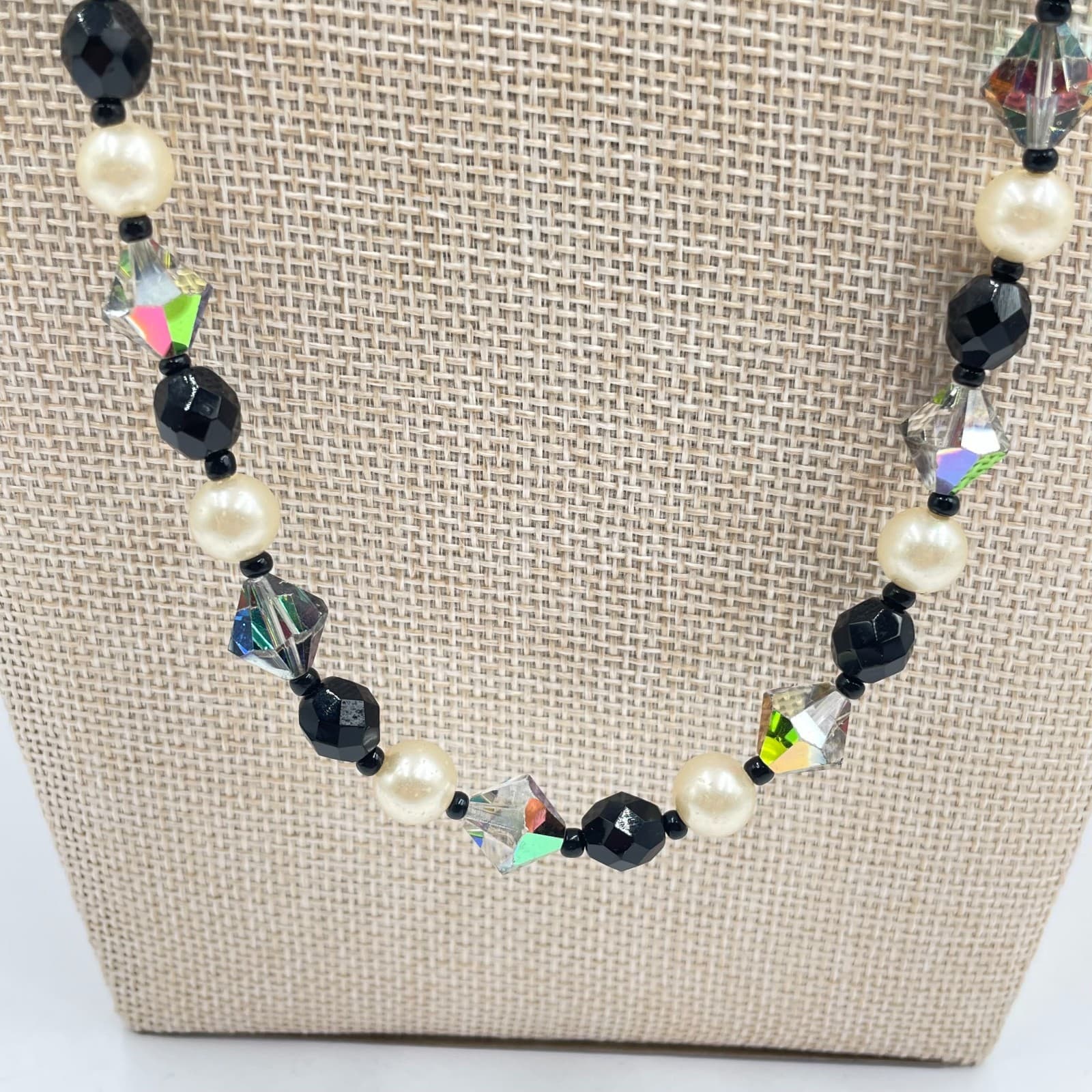 VTG Crystal Pearl Necklace Black Cream Iridescent Bicone Long Beaded - Thumbnail 4