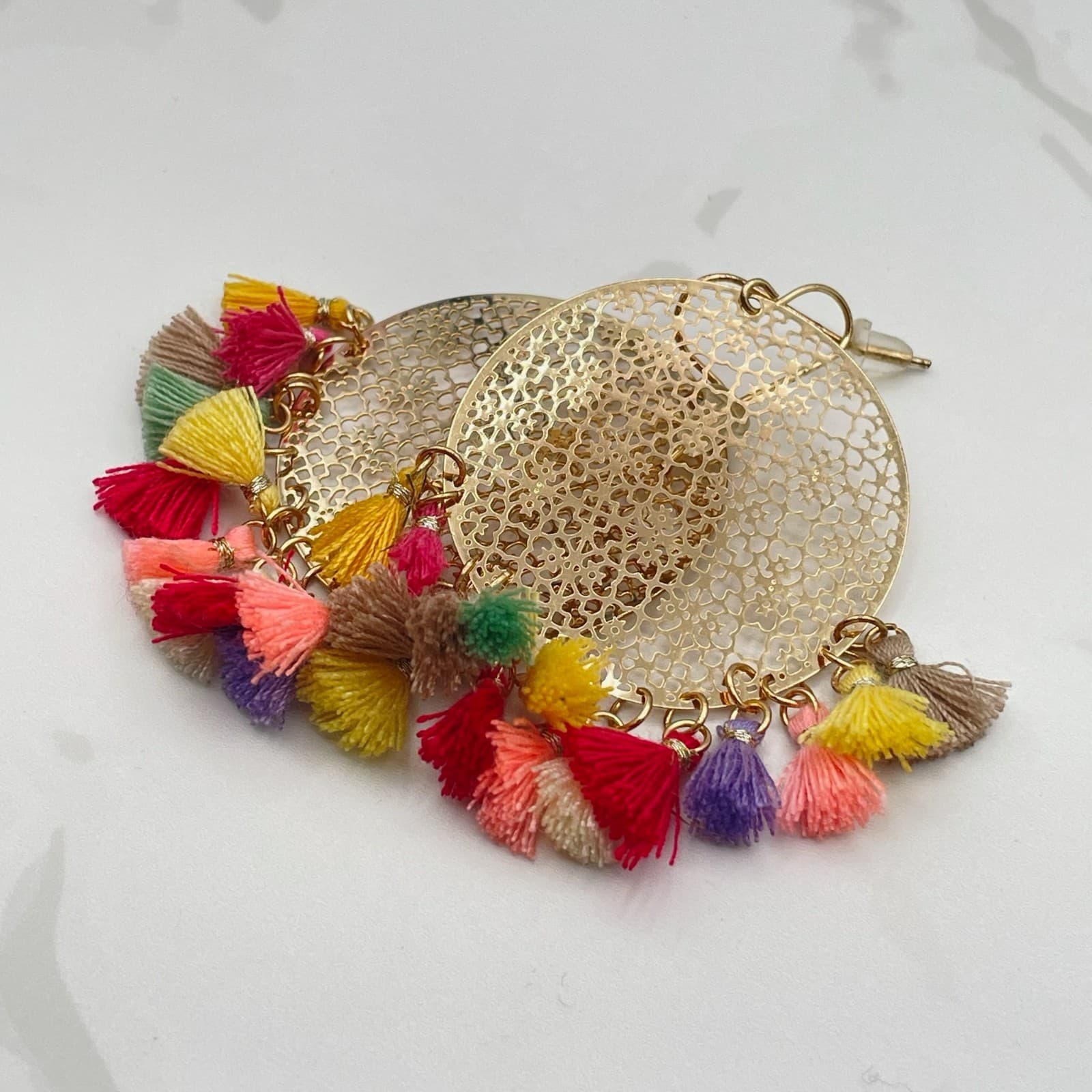 Vintage VTG Gold Tone Filigree Dangle Earrings Boho Multicolor Tassel Fringe - Thumbnail 5