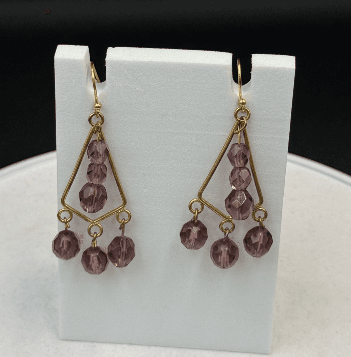 Vintage Womens Gold Plated Purple Bead Glass Triangle-Shaped Dangle Earrings - Image 1