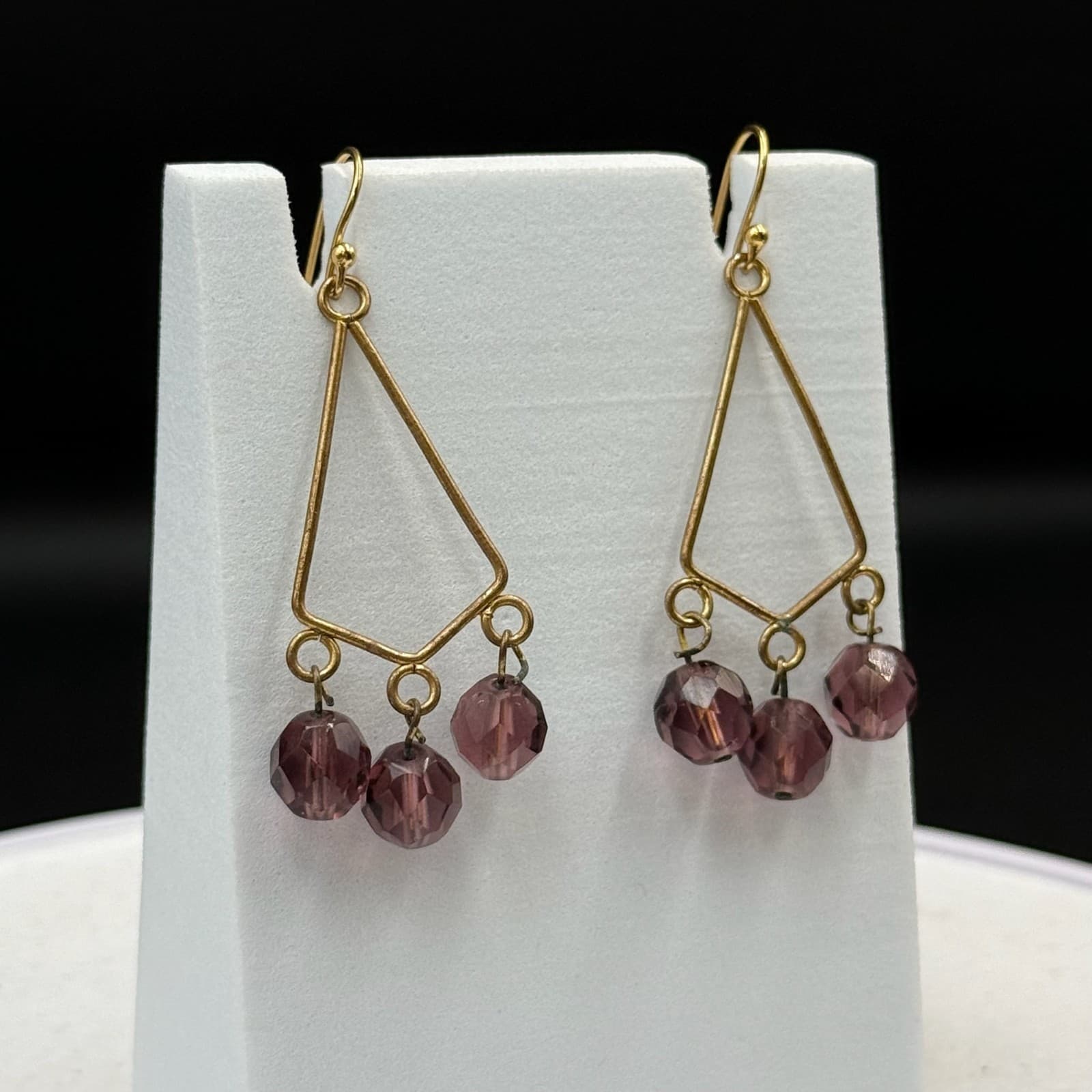 Vintage Womens Purple Bead Glass Triangle-Shaped Dangle Wedding Earrings - Thumbnail 5