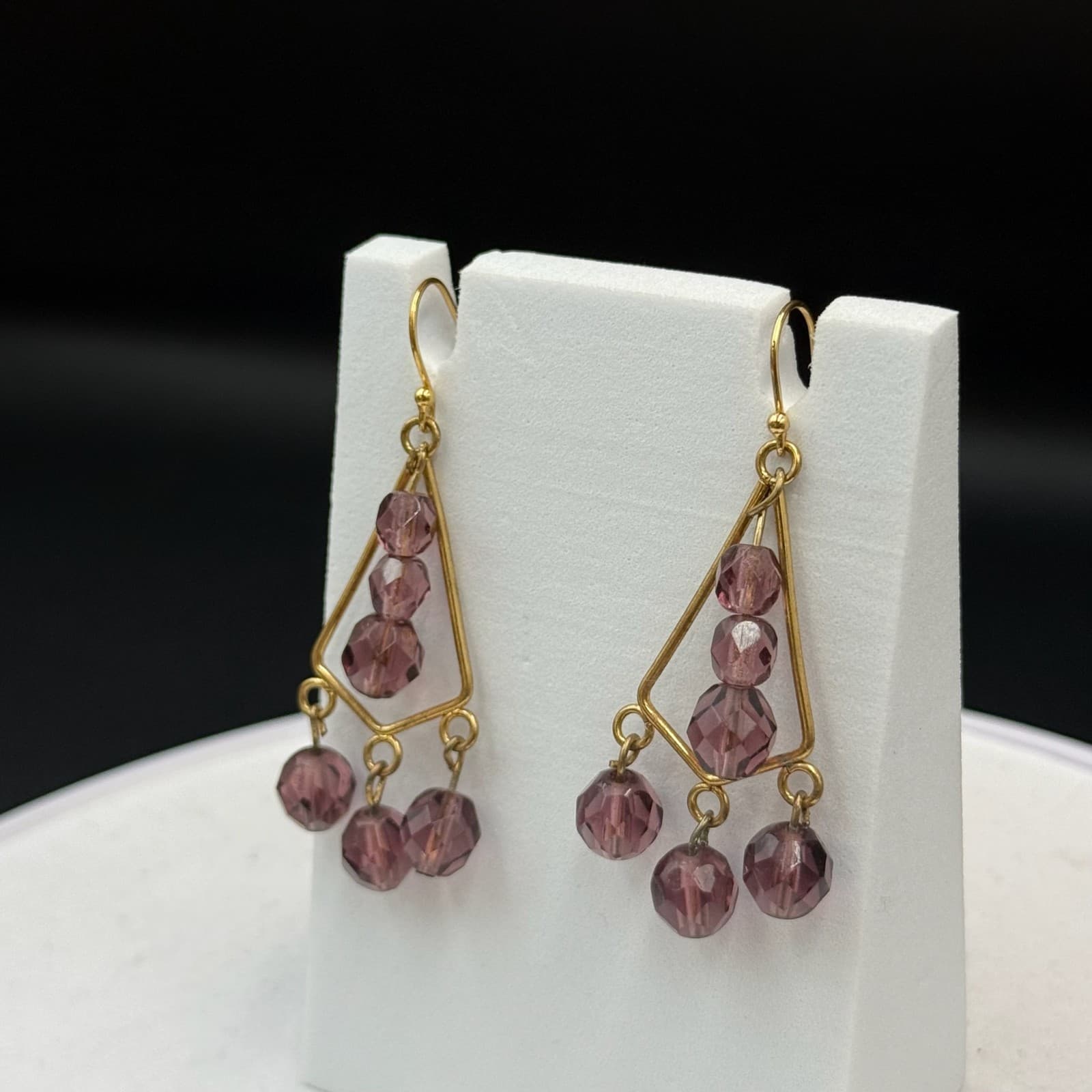 Vintage Womens Gold Plated Purple Bead Glass Triangle-Shaped Dangle Earrings - Thumbnail 6