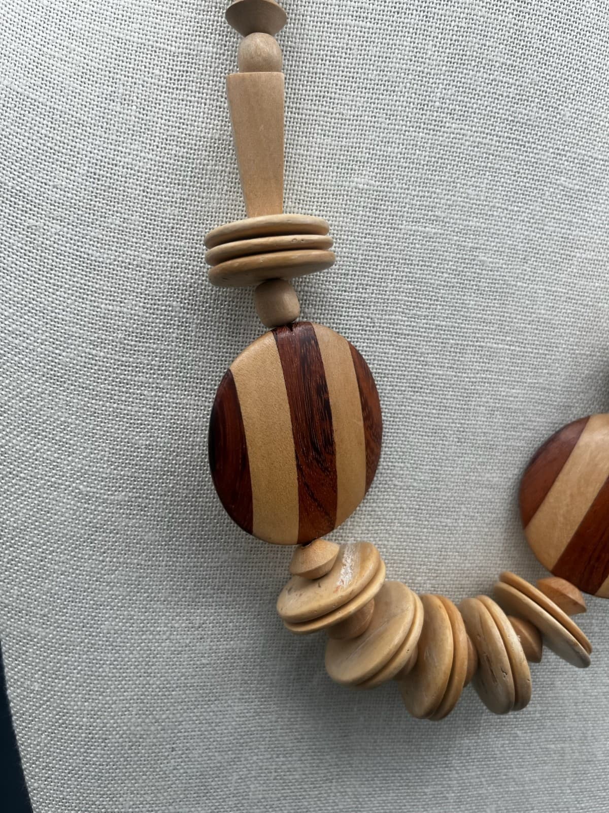 Vintage Chunky Wood Bead Necklace Tribal Ethnic Geometric Inlay Striped Statemen - Thumbnail 5