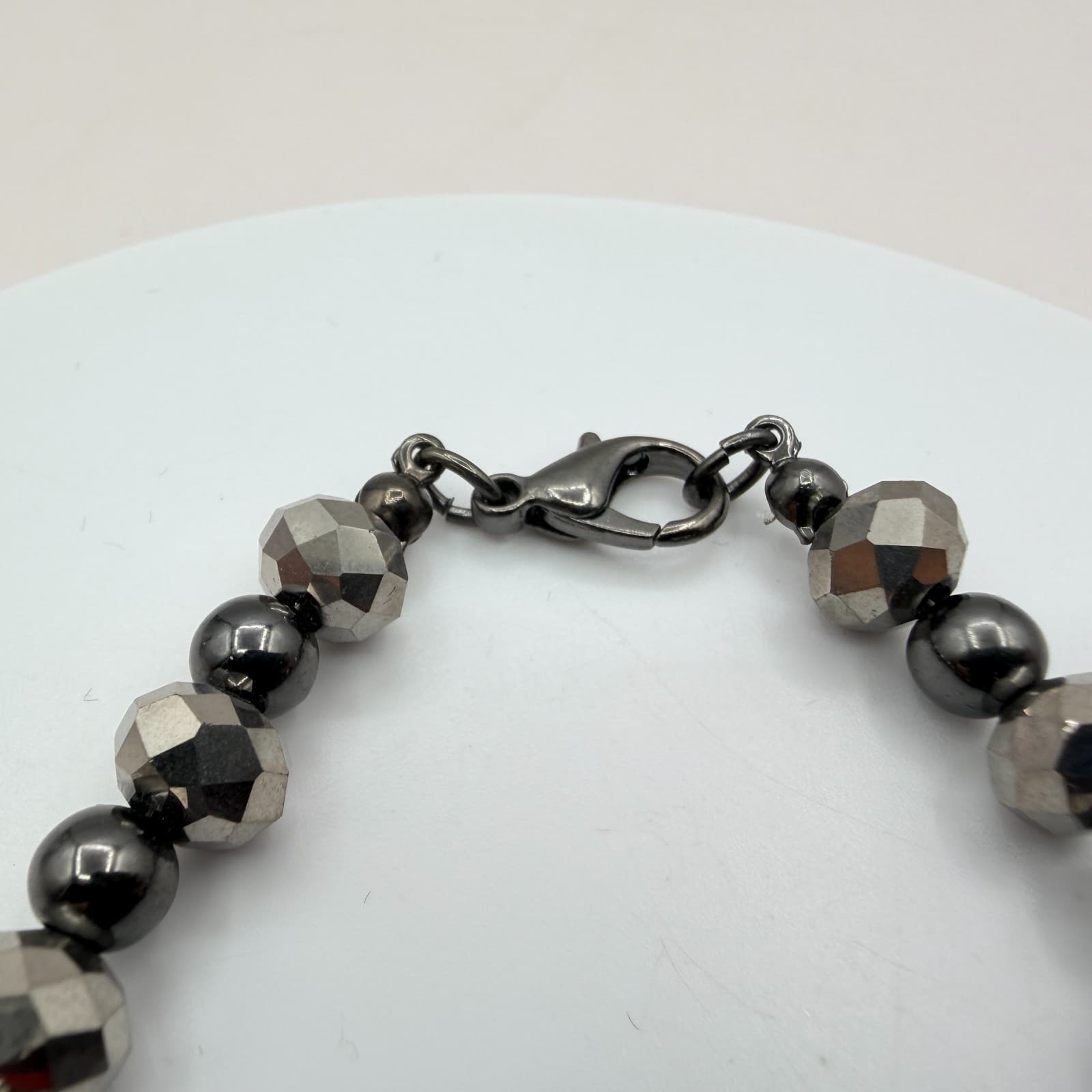 Vintage 90s Gunmetal Tone Round Faceted Beaded Stretch Bracelet Women's Jewelry - Thumbnail 4