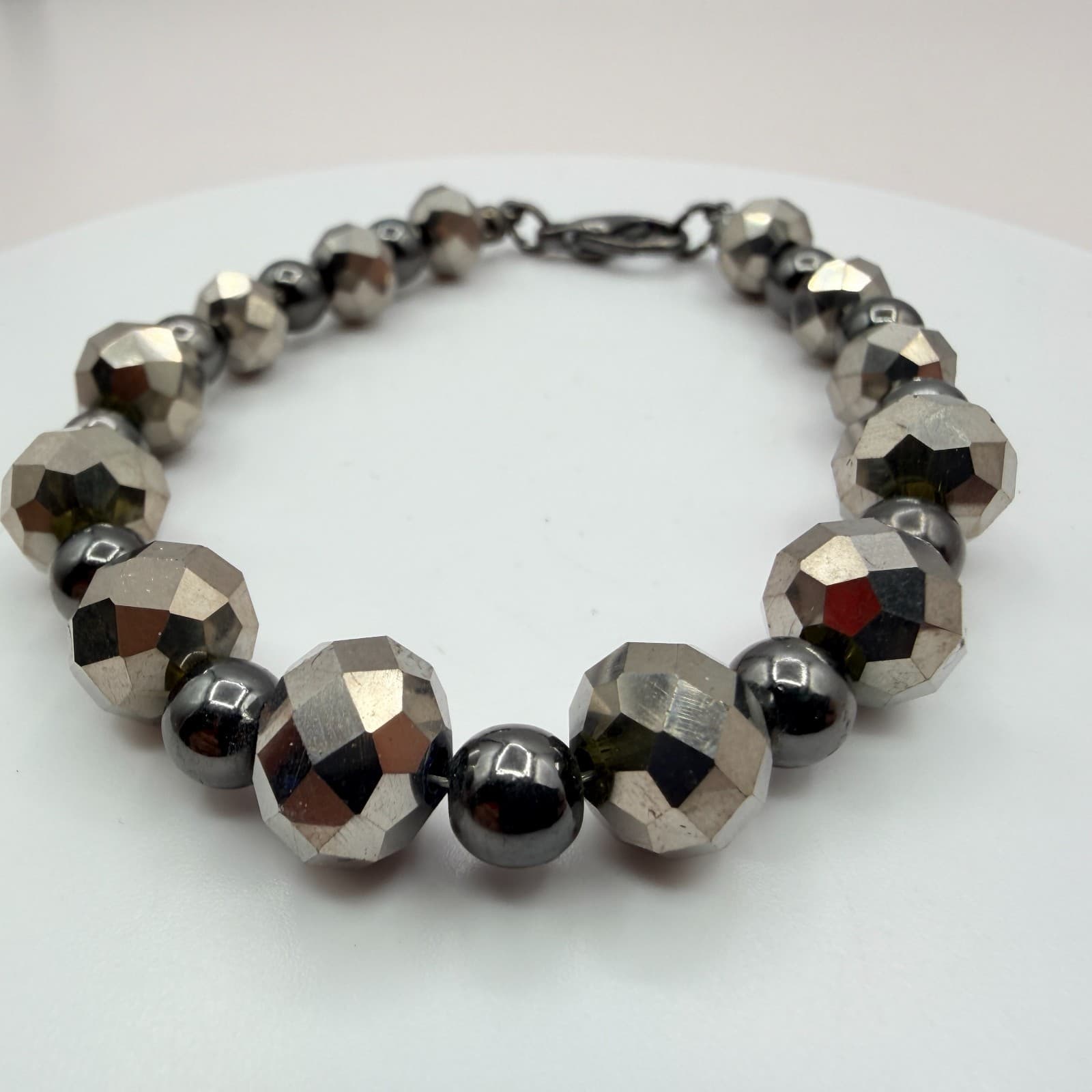 Vintage 90s Gunmetal Tone Round Faceted Beaded Stretch Bracelet Women's Jewelry - Thumbnail 6